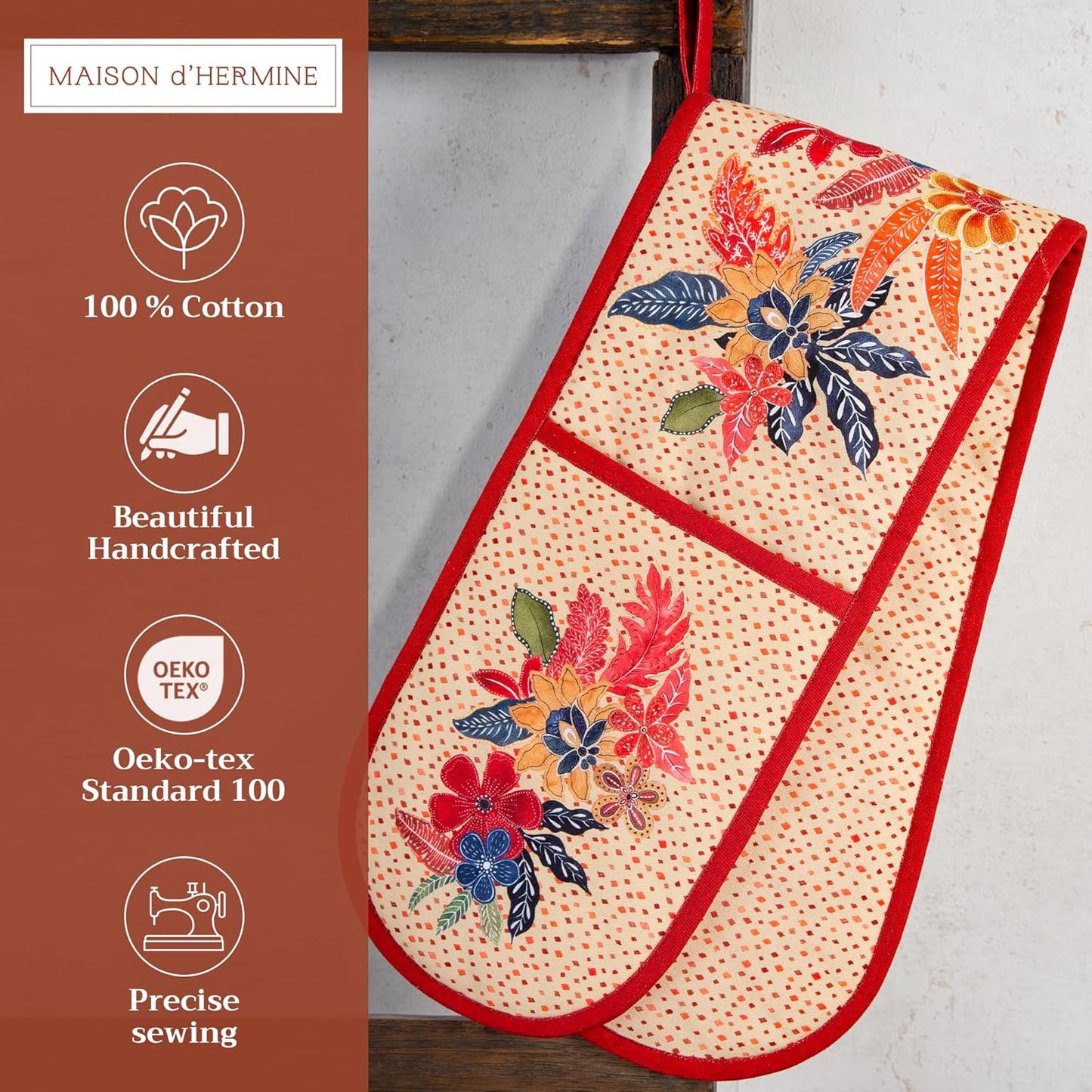 Maison d' Hermine Double Oven Mitts 100% Cotton 7"x35" Double Oven Mitt Heat Resistant BBQ Cooking Gloves with Loop, Baking, Grilling, Home, Kitchen, Handling Hot Pans (Kalahari)