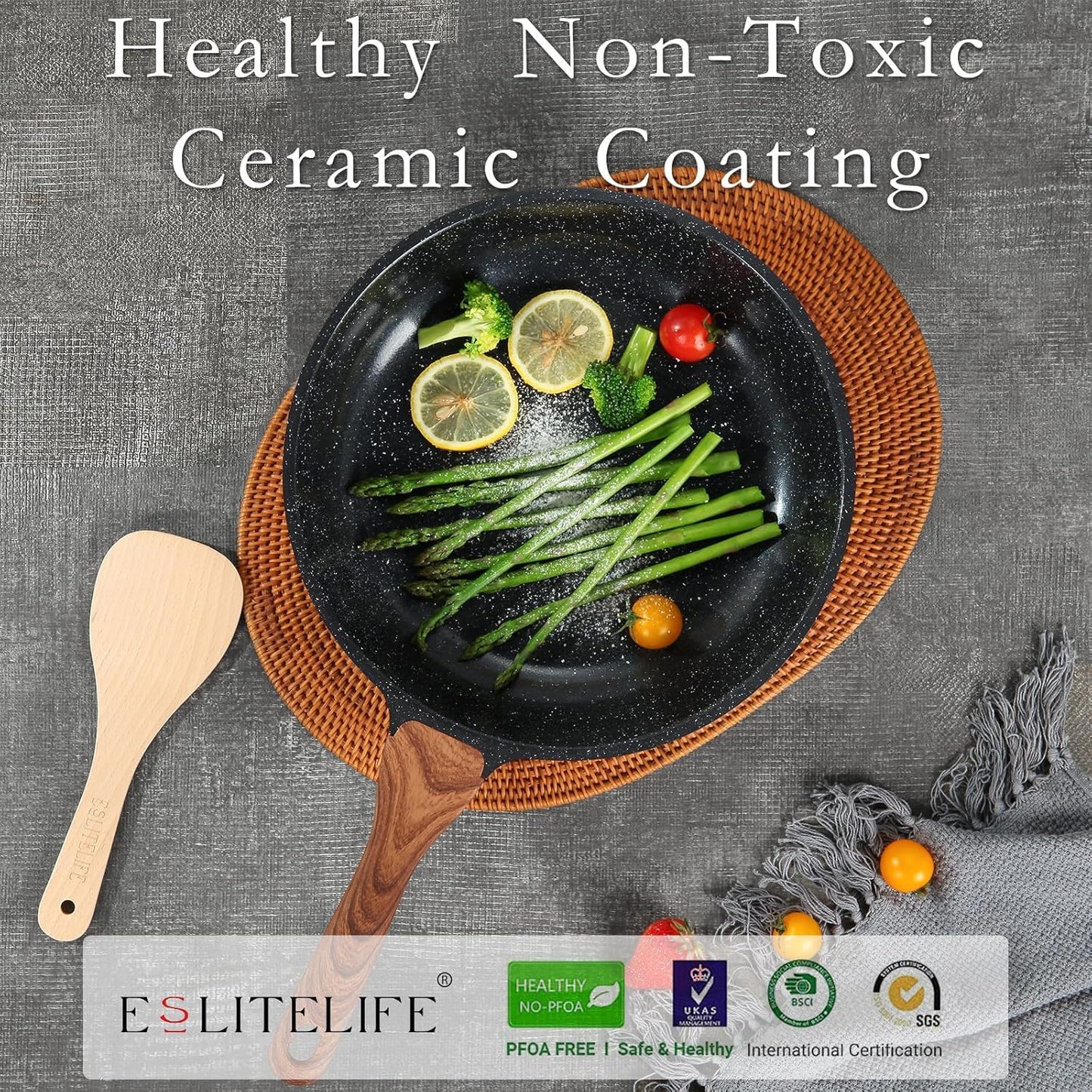 ESLITE LIFE Nonstick Ceramic Frying Pan Skillet with Lid, Non-Toxic Egg Omelette Kitchen Cooking Pans Compatible with All Stovetops (Gas, Electric & Induction), PTFE & PFOA Free (Black, 11" w/Lid)