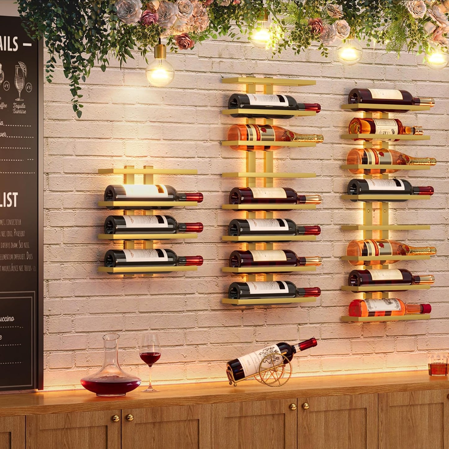 Hoctieon 3-Set 8 Tier Wall Mount Wine Rack (24 Tiers), Wall Racks for Wine Bottles Display and Storage, Hanging Bottle Organizer for Living Room, Dining Room, Wine Cellar, Bar, Gold