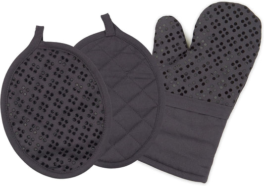 Sticky Toffee Oven Mitt and Pot Holder Set of 3 – Gray Non-Slip Kitchen Hot Pads and Mitts with Silicone Grip, 100% Cotton Shell, Oeko-Tex Cotton
