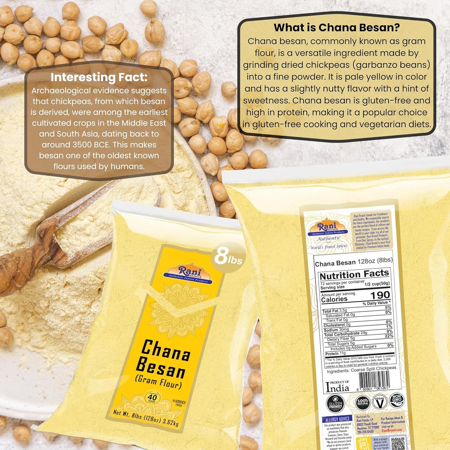 Rani Chana Besan (Chickpeas Flour, Gram) 128oz (8lbs) 3.63kg Bulk ~ All Natural | Vegan | Gluten Friendly | NON-GMO | Kosher | Indian Origin
