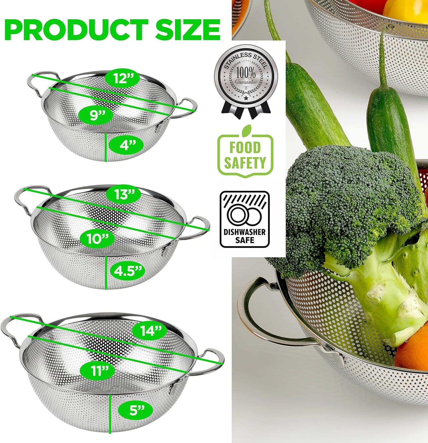Premium 18/8 304 Stainless Steel Strainer Set of 3 with Handles, Micro-Perforated Colanders, 4-6-8 Quart Set, Self-Draining Solid Base for Pasta, Fruits, Vegetables, Made in Korea