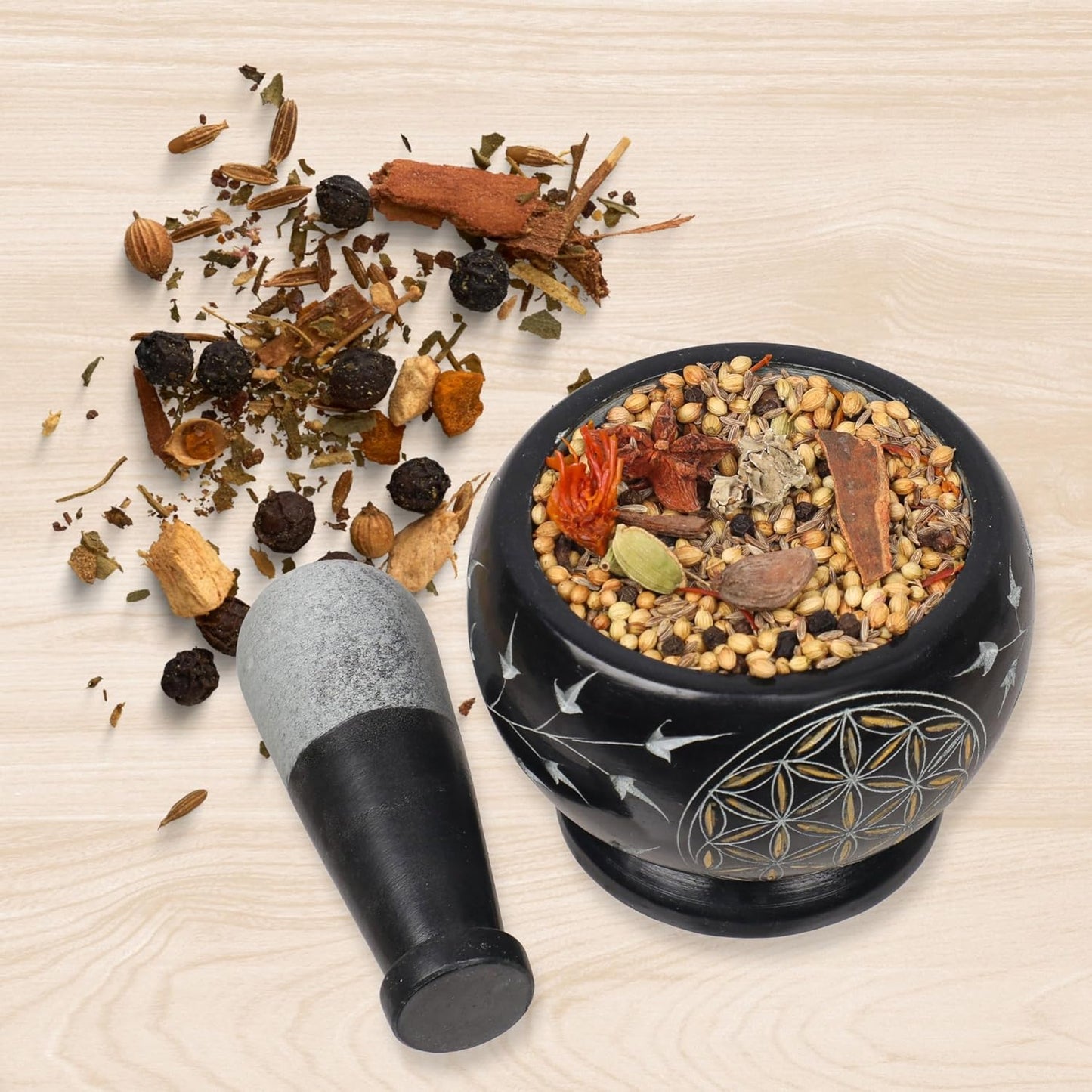 Mortar and Pestle, Made of Heavy Duty Polished Hard Stone, Natural Stone Grinder for Spices, Pastes, Herbs, Seasoning etc. (Flower of Life)