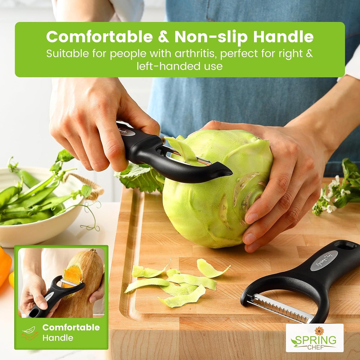 Spring Chef Swivel & Vegetable Julienne Peeler Set for Kitchen with Stainless Steel Sharp Blades - Potato Peelers with Soft Grip Handles & Blade Covers - Perfect for Carrot, Zucchini, Cucumber - Black