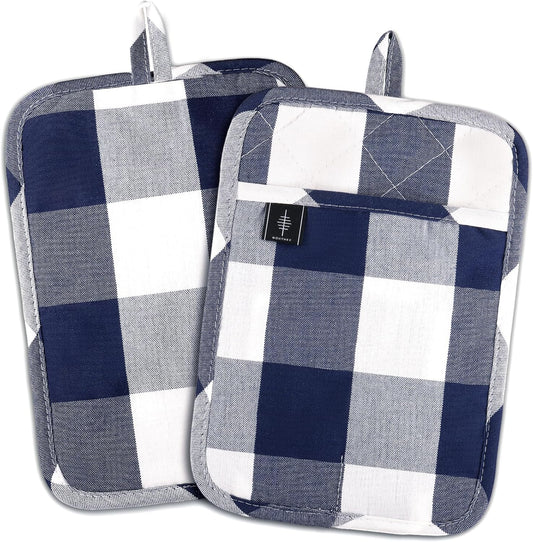 Cotton Pot Holders for Kitchen Heat Resistant Potholder, Hot Pads, Trivet Coaster Non-Slip Potholders Set for Cooking and Baking (2, Blue Plaid, Rectangle, 10 x 7 in)