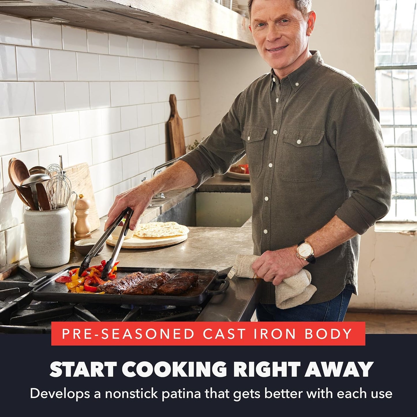 GreenPan x Bobby Flay Cast Iron Pre-Seasoned 16.5 x 9.5” Reversible Double Burner Griddle, Rectangular Grill, Helper Handles, Induction, Versatile Stovetop Oven BBQ & Fire, Indoor & Outdoor Use, Black