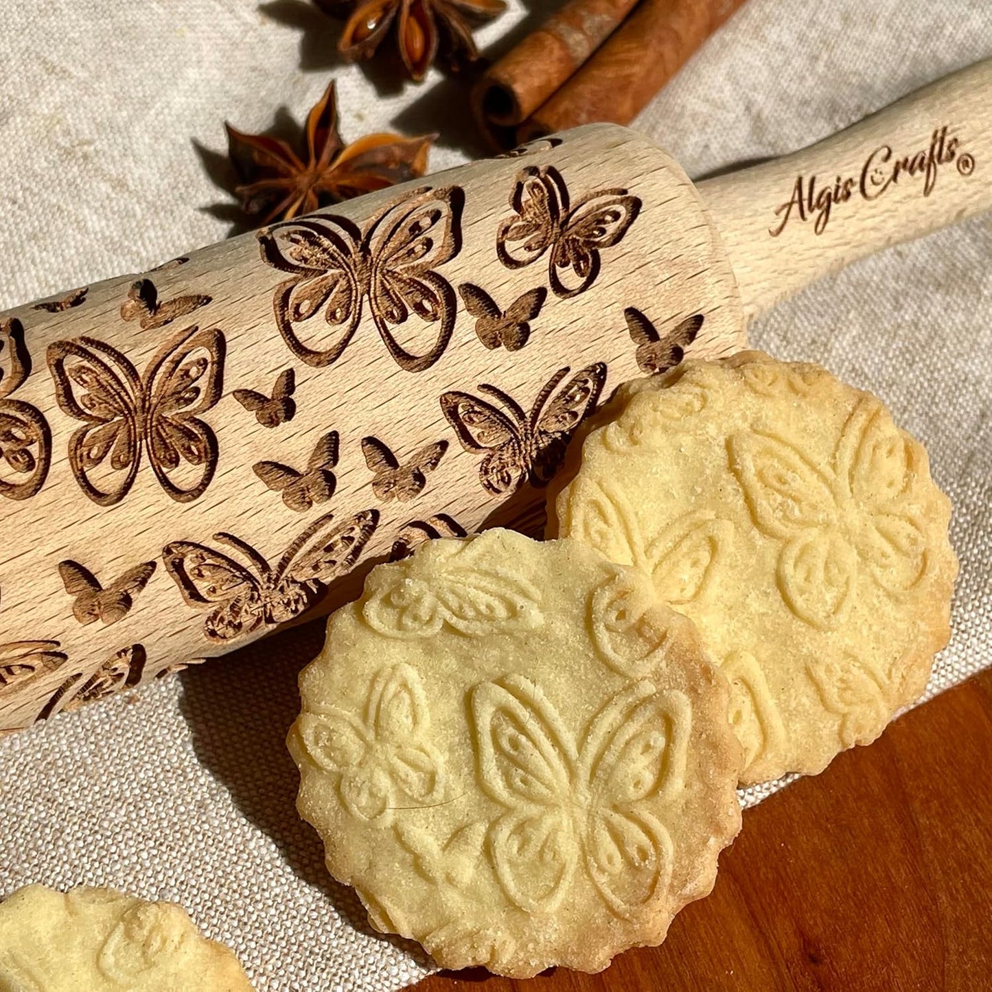 SUMMER 3 KID Rolling Pin SET. Wooden Laser Cut Mini Rolling Pins for cookies, play dough, salt dough or clay Butterfly, Music Flower by Algis Crafts