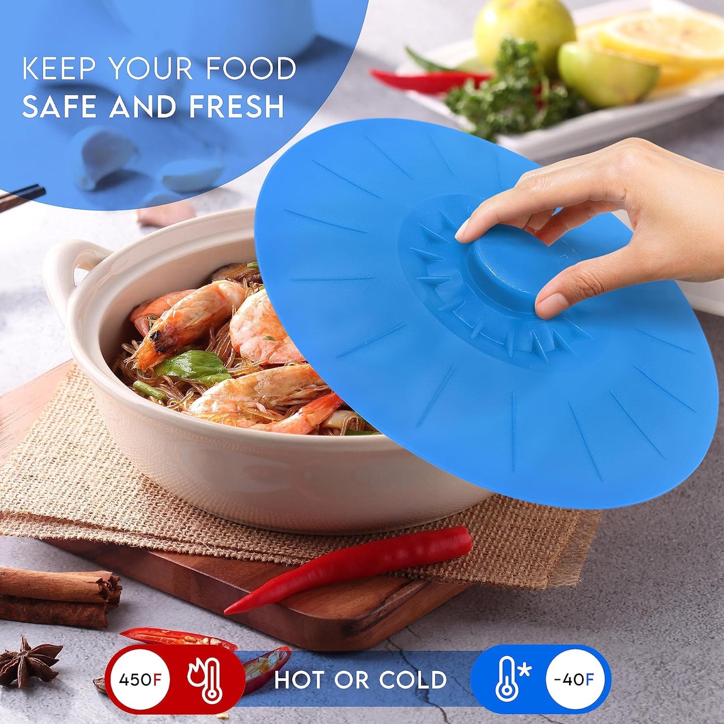 Silicone Bowl Lids Blue Set of 5 Reusable Suction Seal Covers for Bowls, Pots, Cups. Food Safe. Natural grip, interlocking handles for easy use and storage.