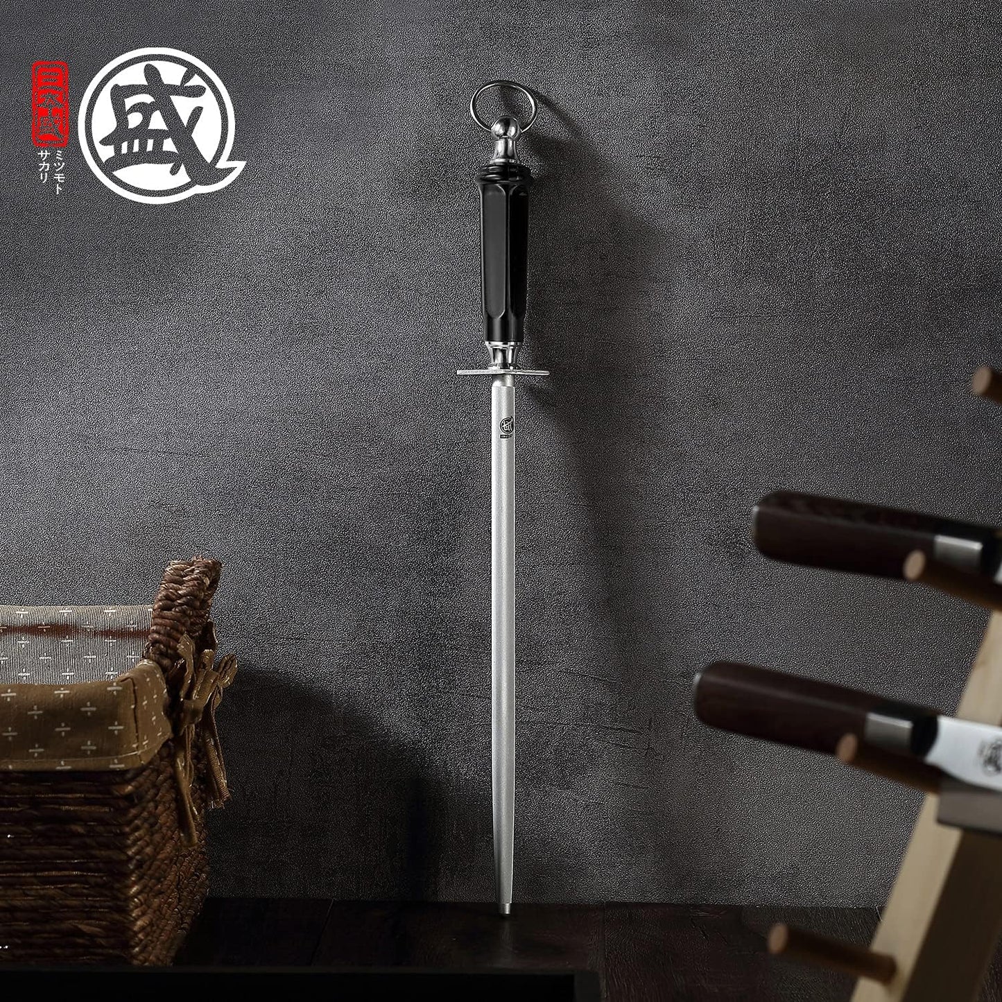 MITSUMOTO SAKARI 12 inch Japanese Honing Steel - Round Diamond Knife Sharpening Rod, Professional High Carbon Sharpener with ABS Handle & Powerful Magnet