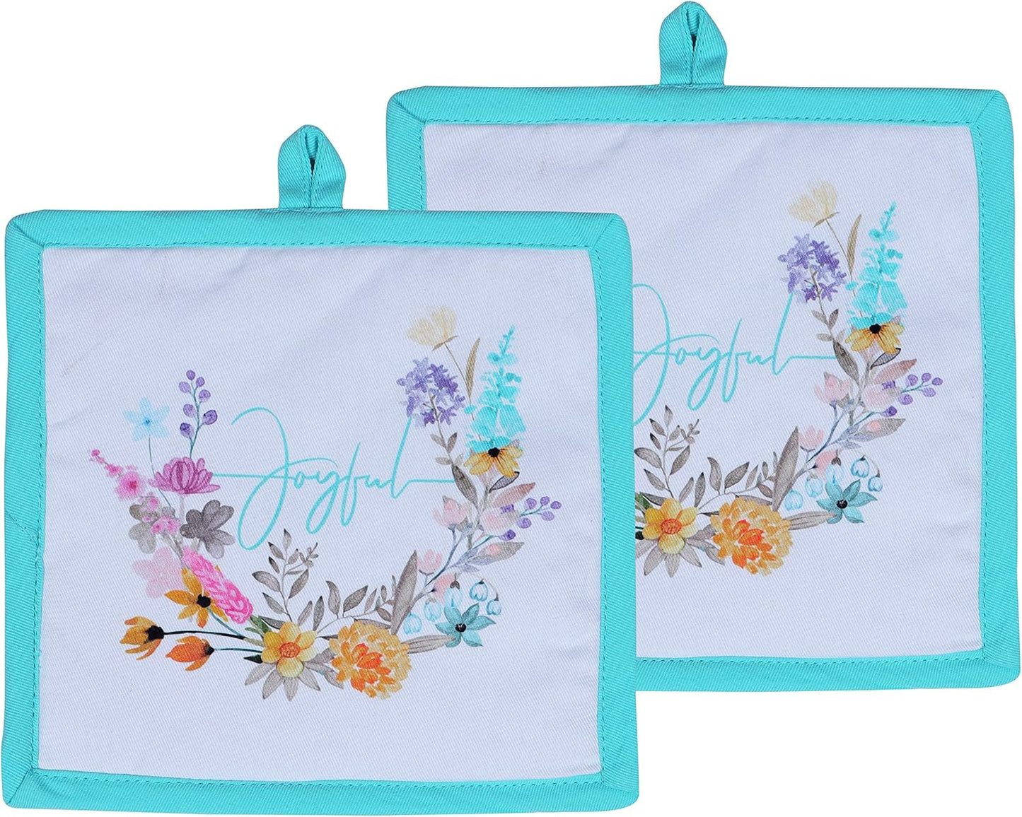 AMOUR INFINI Pot Holders Heat Resistant Cotton Set of 2 Nonslip 8"x8" Inch Hot Pads for Kitchen, BBQ, Baking & Cooking with Hanging Loops (Joyful Floral)