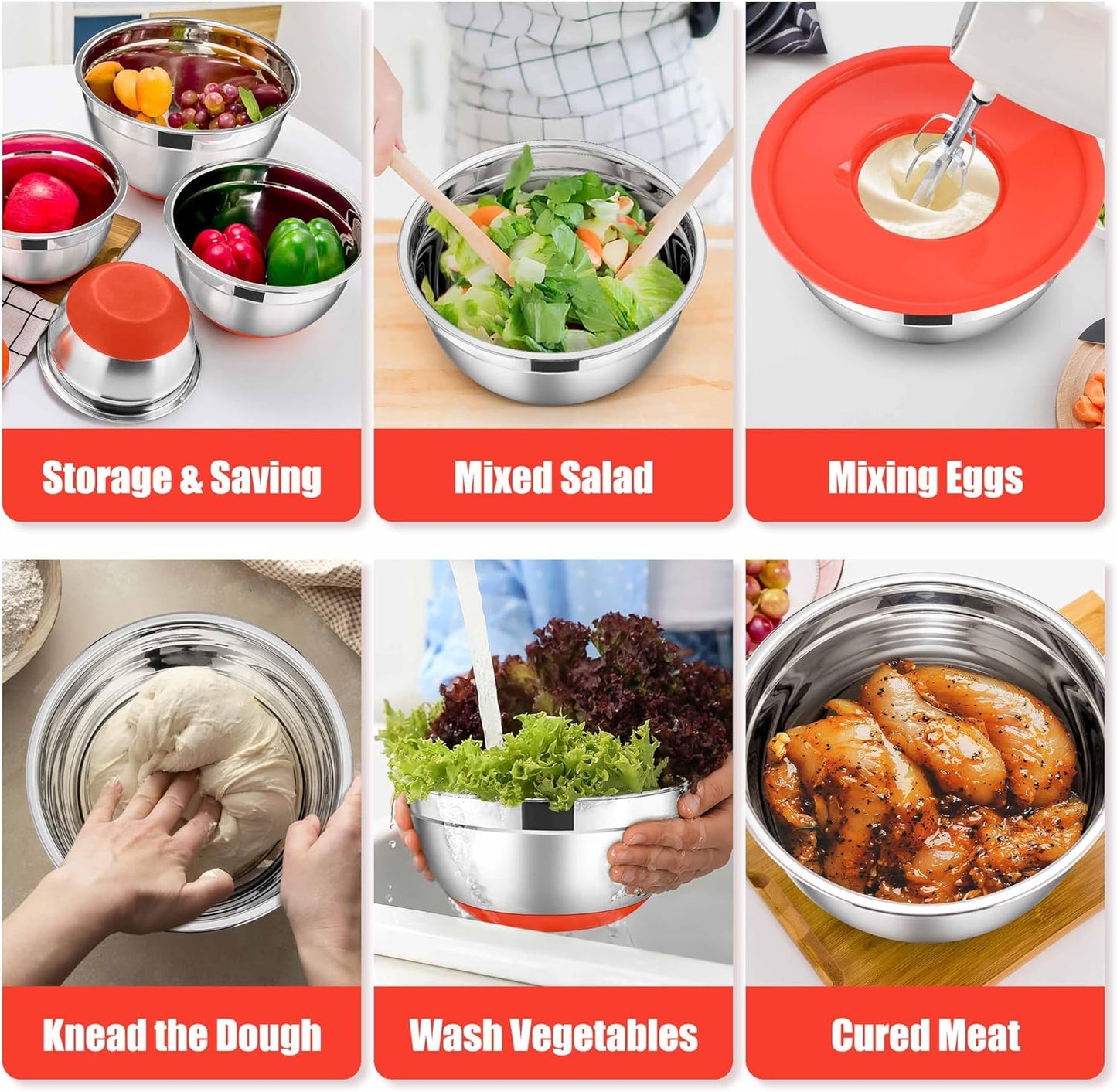 E-far Stainless Steel Mixing Bowls with Lids Set, 5-Piece Nesting Salad Bowls with 3 Grater Attachments and Non-Slip Bottoms, Size 4.6, 2.6, 2, 1.5, 1QT for Kitchen (Red)