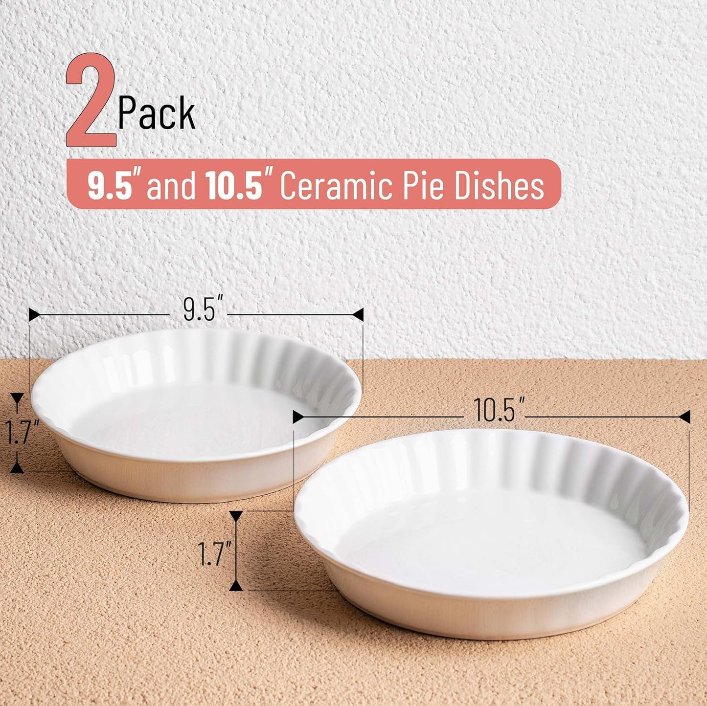 Brew To A Tea - Classic White Ceramic Pie Dish Set, 2 Pcs, 10.5" & 9.5", Pie Pans for Baking, Deep Dish Pie Plate