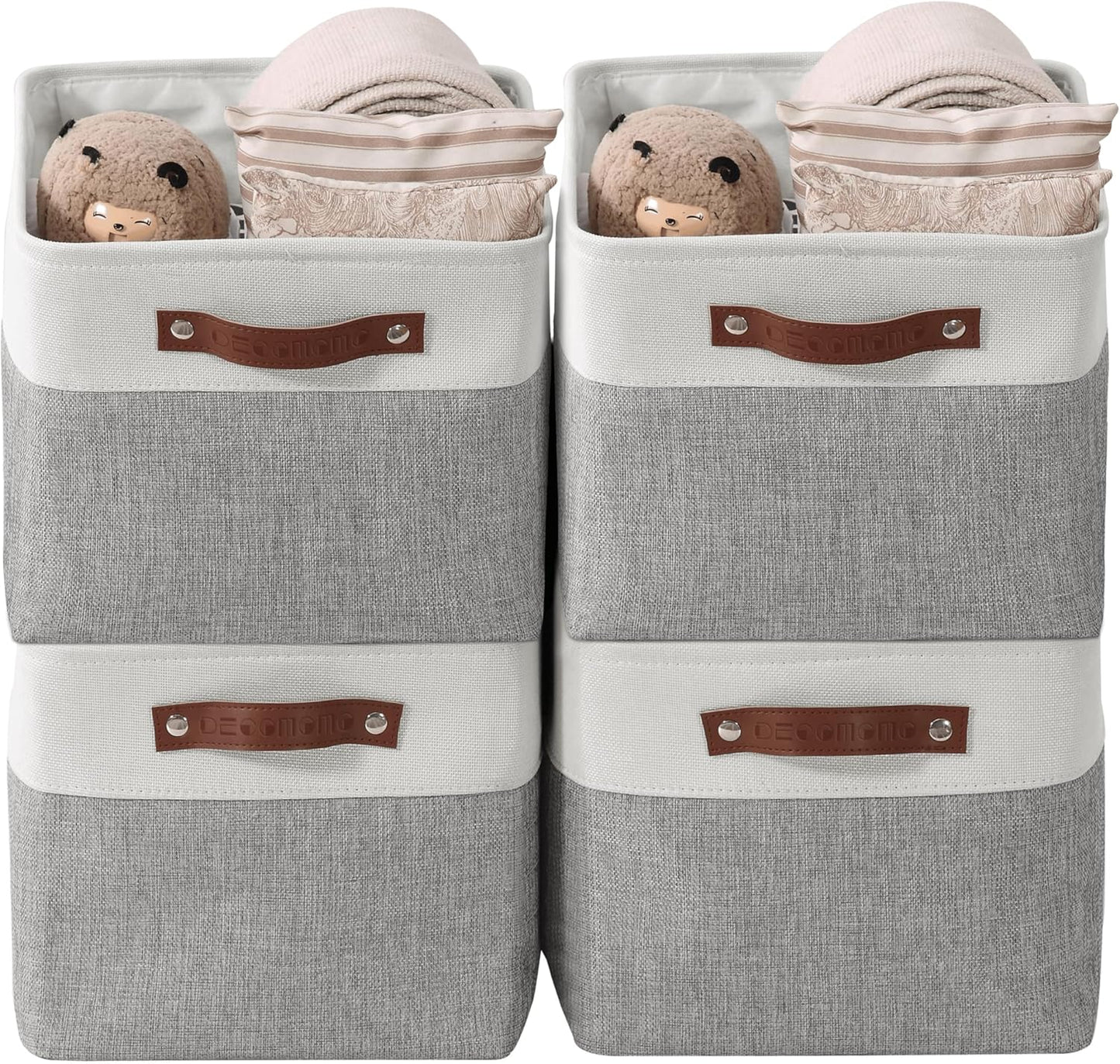 DECOMOMO Storage Baskets for Shelves - Fabric Storage Bins, Linen Closet Organizers and Storage (Grey & White, XL - 4 Pack)
