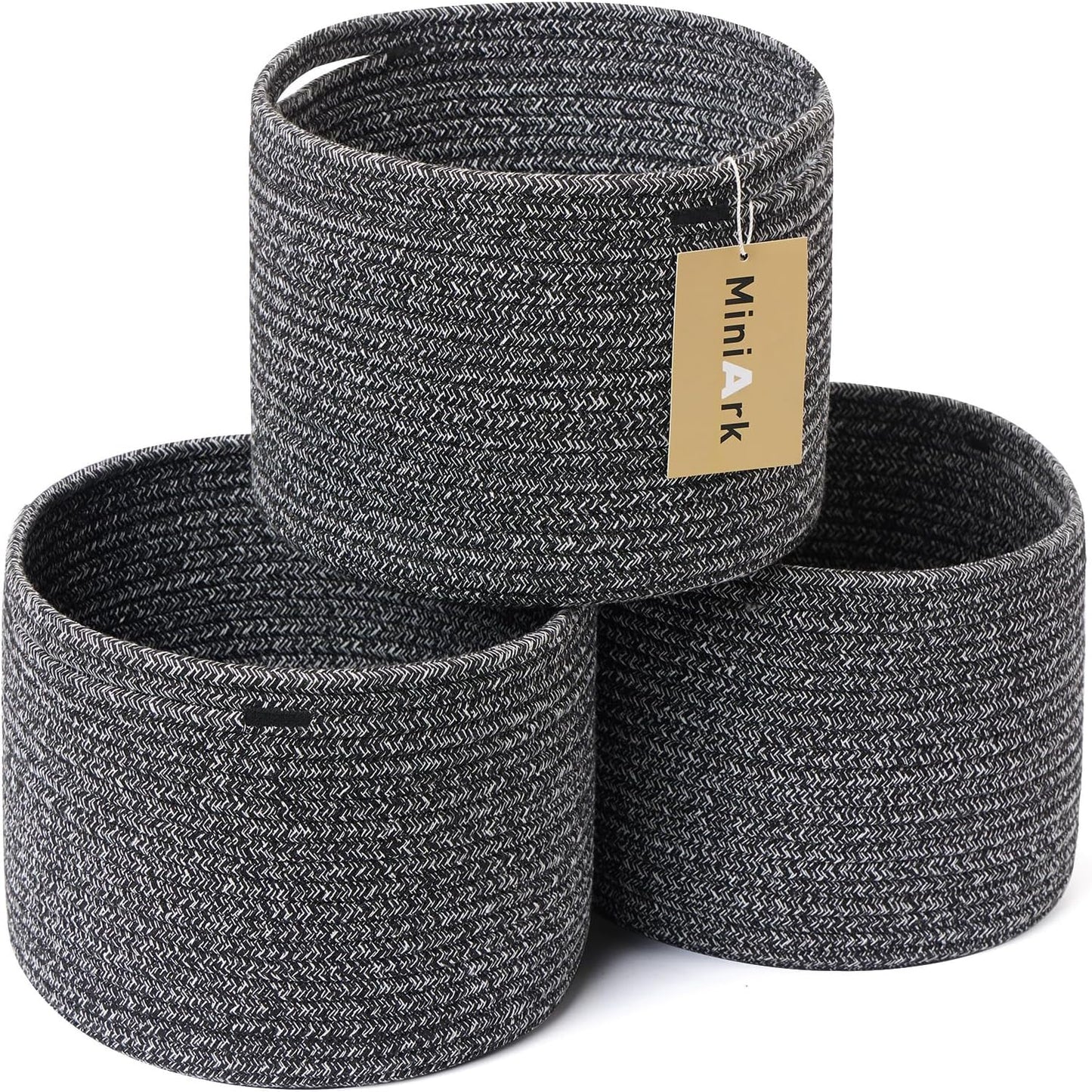 Small Basket for Organizing | Cube Shelf Closet Storage Baskets | 9.7×9.7×7.1” | Woven Rope Gift Basket | Nursery | Round 3 Packs Dark Gray