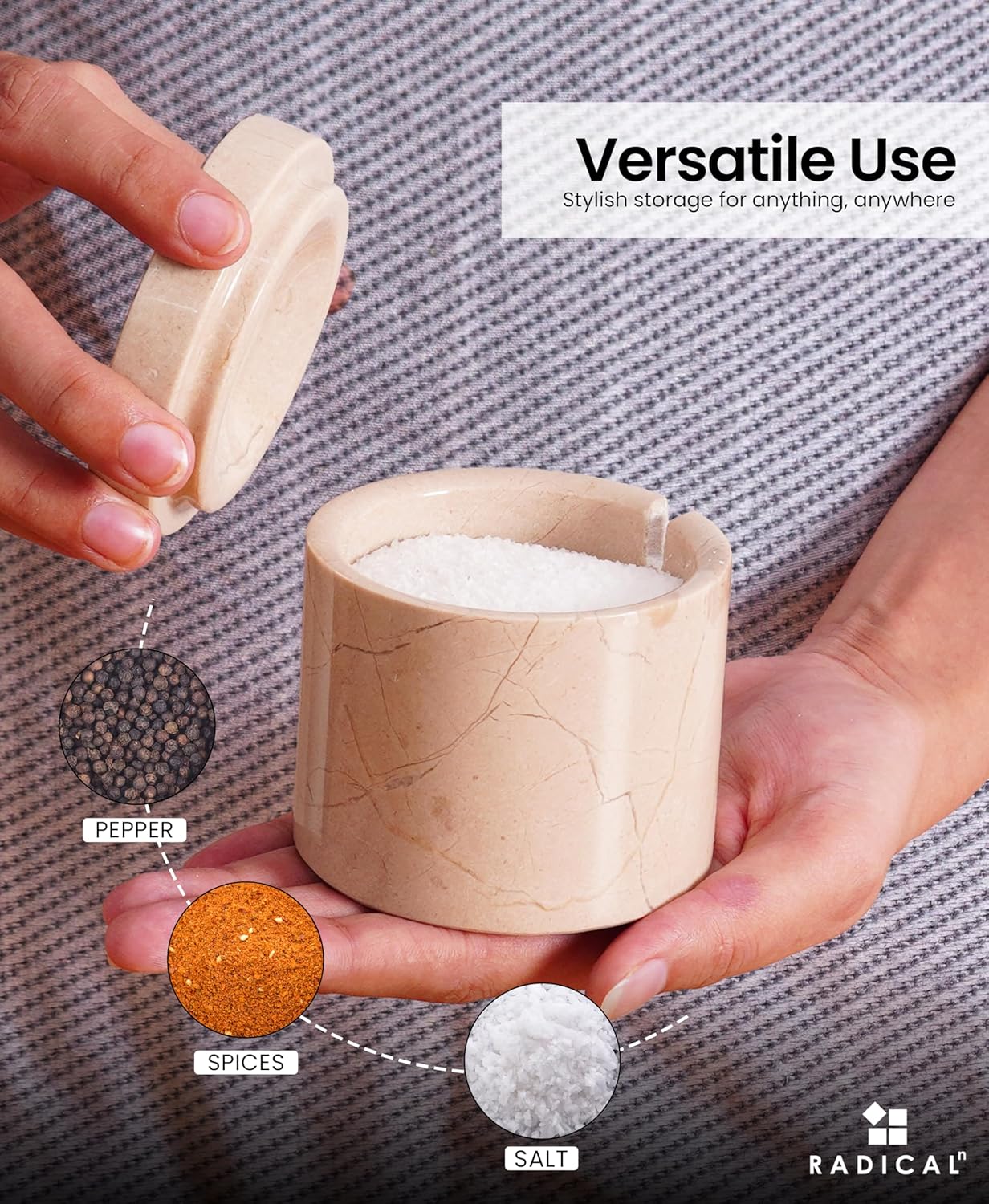 Radicaln Marble Salt Cellar With Lid and Tray 3" Inches Oceanic and Verona Handmade Salt Bowl Set of 2 For Kitchen Storage, Ideal Spice Jar