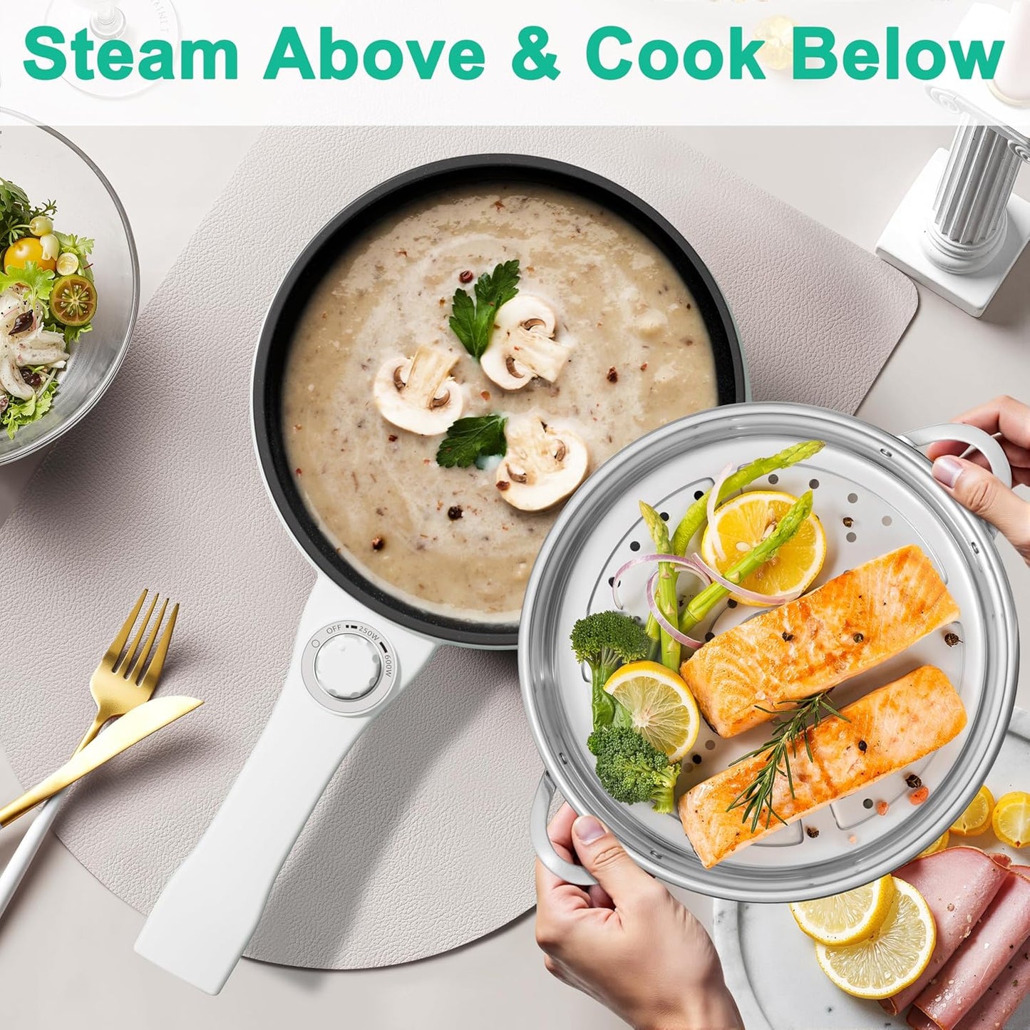 Dezin Hot Pot Electric with Steamer Upgraded, Non-Stick Sauté Pan, Rapid Noodles Electric Pot, 1.5L Mini Pot for Steak, Egg, Fried Rice, Ramen, Oatmeal, Soup with Power Adjustment