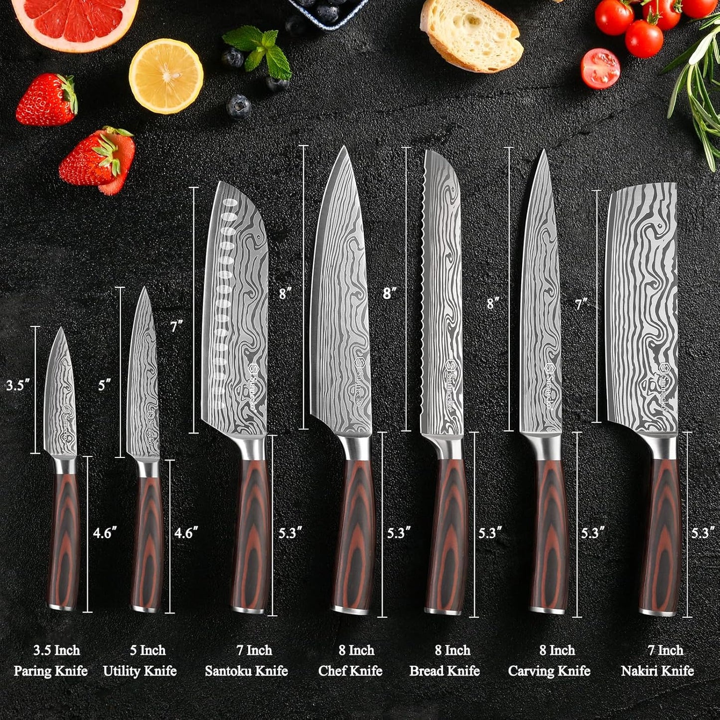 Sunnecko Kitchen Knife Set 7 Piece Chef Knife Set Professional High Carbon Stainless Steel, Sharp Kitchen Knives with Wooden Handle