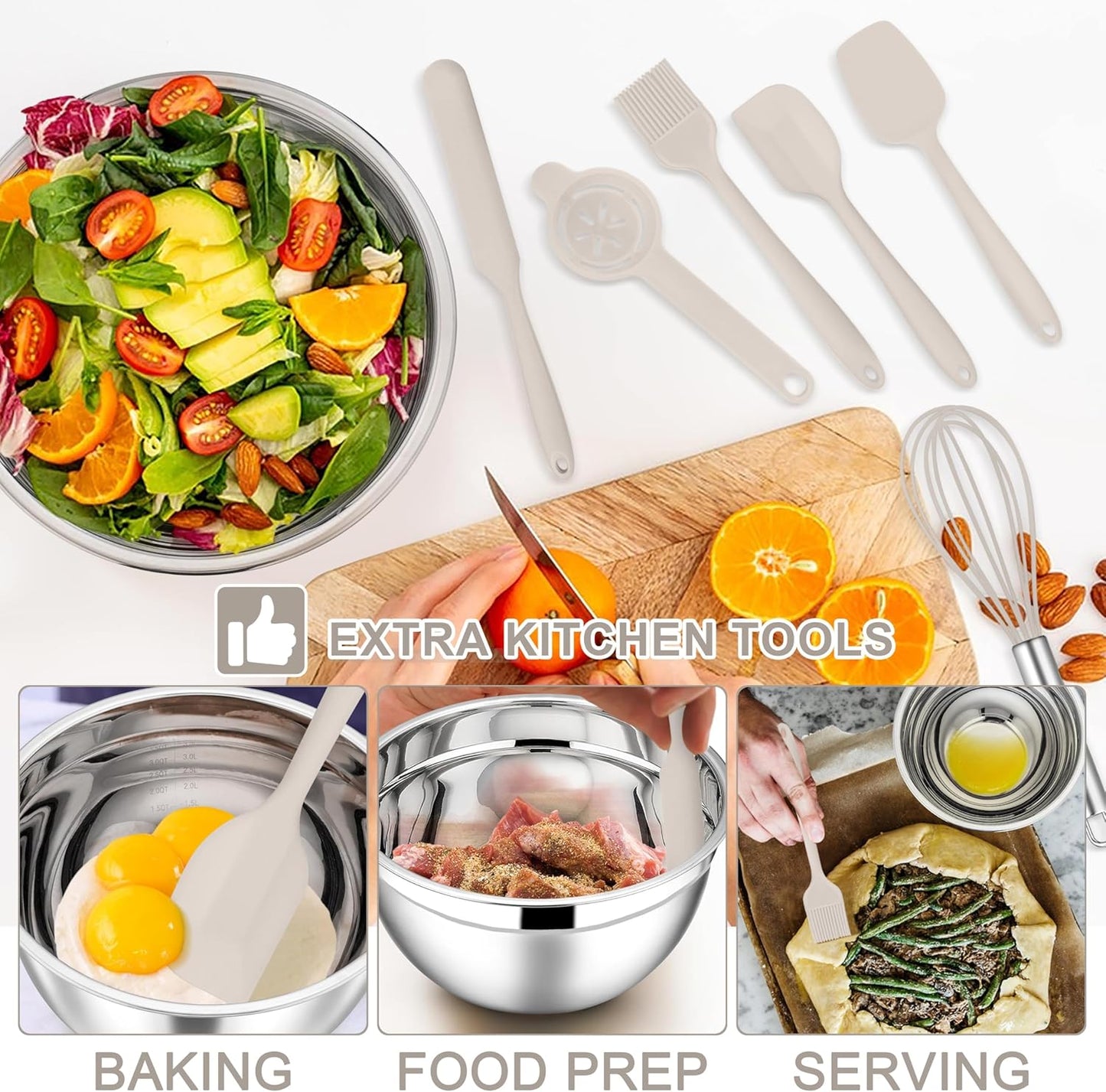 E-far Mixing Bowls with Lids Set, 21PCS Stainless Steel Mixing Salad Bowls with 3 Grater Attachments, Size 7, 4.6, 3.5, 2.6, 2, 1.5, 1QT, Nesting Design & Khaki Airtight Lid, For Baking/Prepping