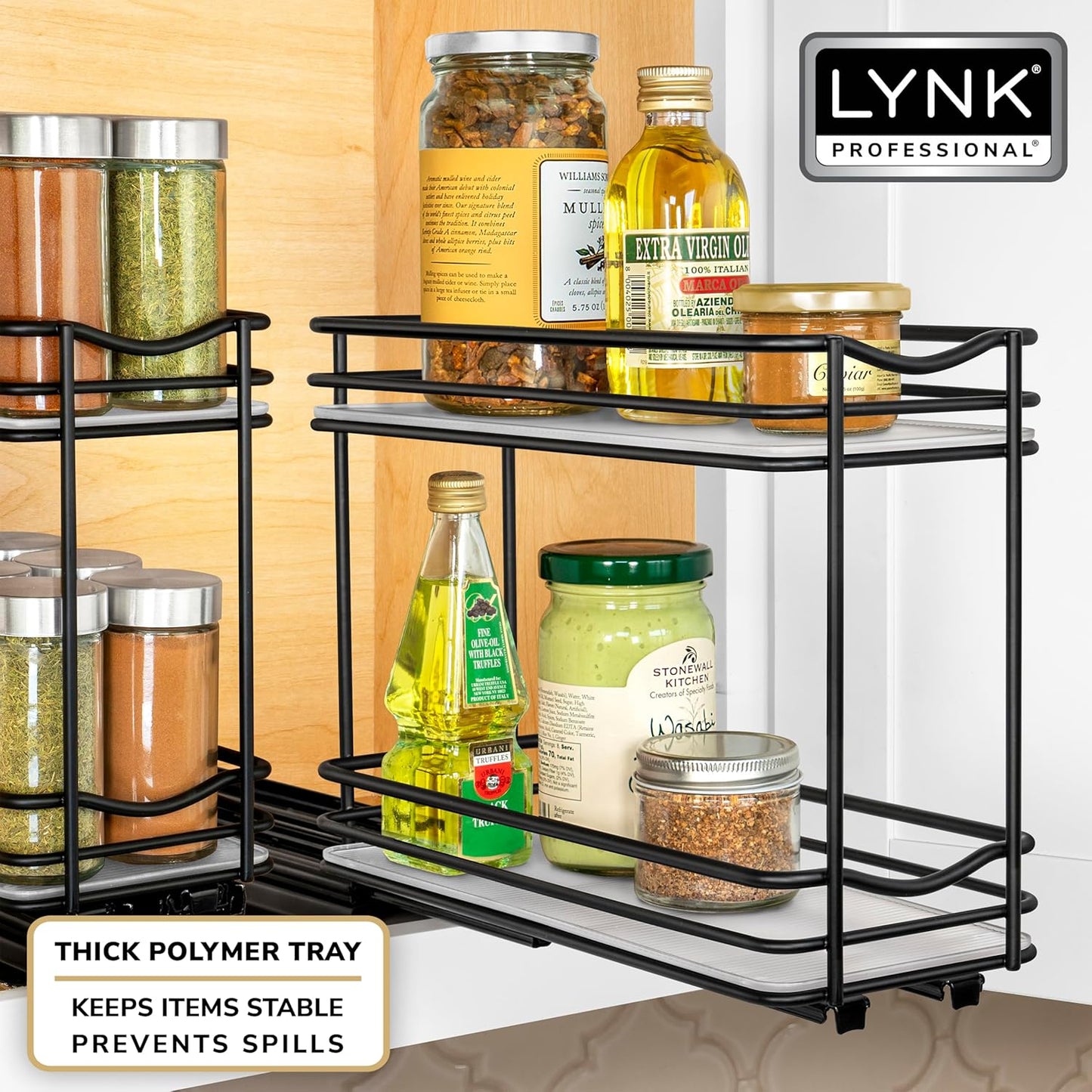 LYNK PROFESSIONAL® Pull Out Spice Rack Organizer for Inside Kitchen Cabinets - 4-1/4 inch Wide - Slide Out Drawer – Black Sliding Spice Cabinet Organization Shelf Racks - 2 Tier