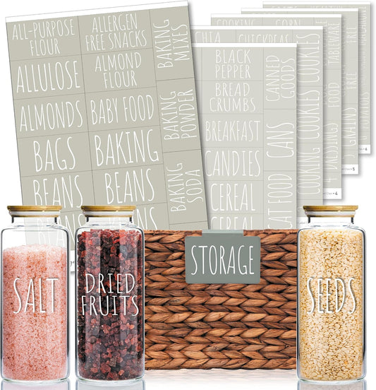 Hygge & Sage Pantry Labels for Containers Preprinted - 180 Waterproof Labels, Durable, Removable Kitchen Stickers, Clear with White Print. Perfect for use on Basket Labels, Pantry, and Refrigerator.