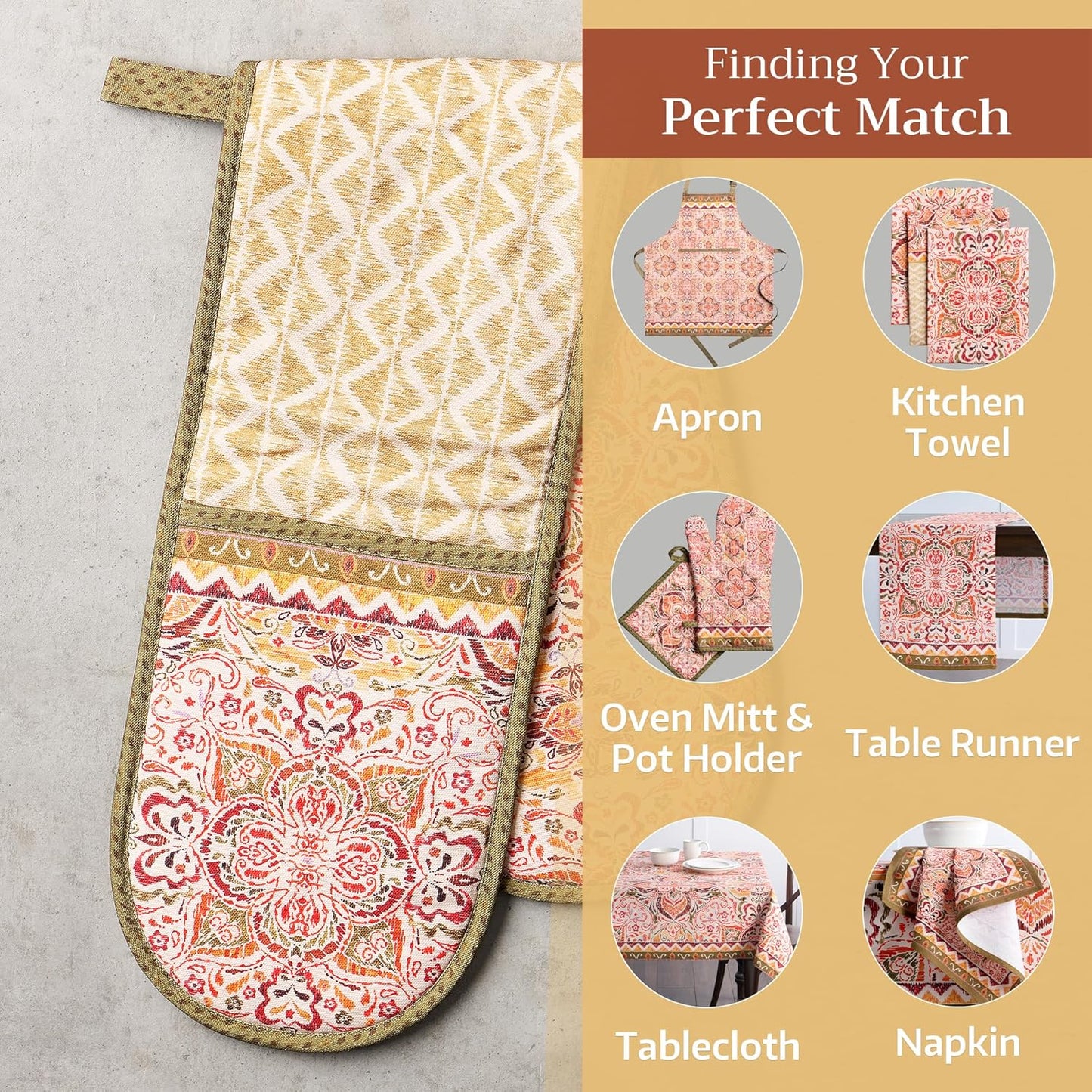 Maison d' Hermine Double Oven Mitts 100% Cotton 7"x35" Double Oven Mitt Heat Resistant BBQ Cooking Gloves with Loop, Baking, Grilling, Home, Kitchen, Handling Hot Pans (Damask)