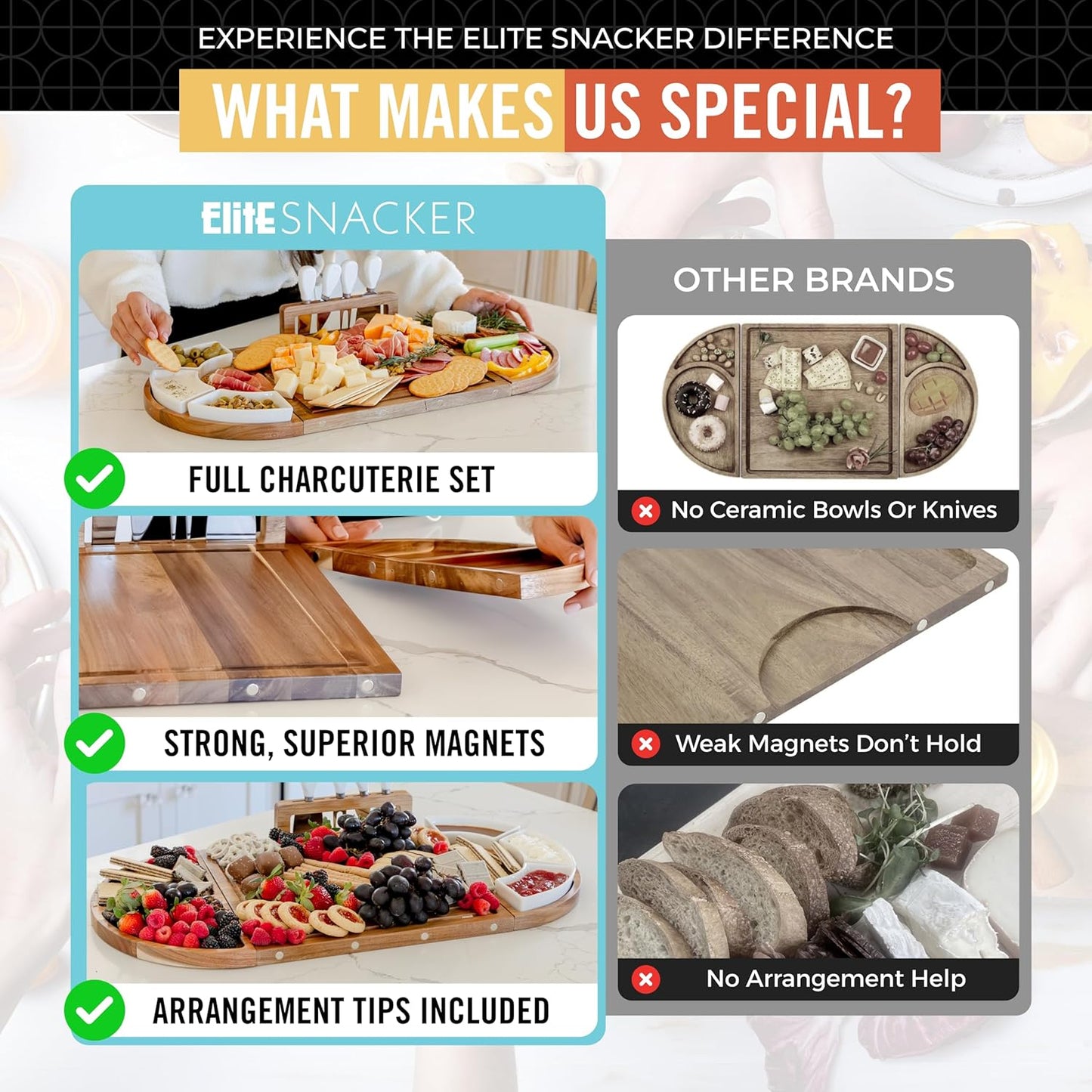 Large Wooden Charcuterie Board Set (Oil Finish) - 3-Piece Magnetic Long Serving Board Tray with Charcuterie Accessories - Acacia Wood Cheese Platter with Cheese Knife Set & Ceramic Dishes - Brown