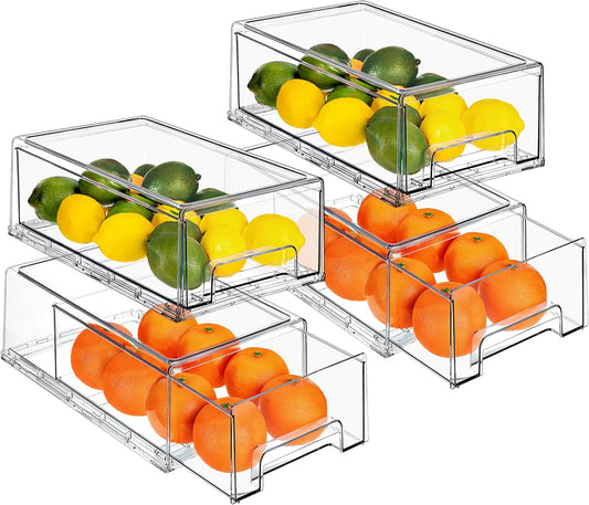 Sorbus Medium Clear Storage Drawers (4 Pack) – Stackable Organizer Drawers for Pantry, Kitchen, and Fridge – Pull-Out Acrylic Storage Bins with Handles