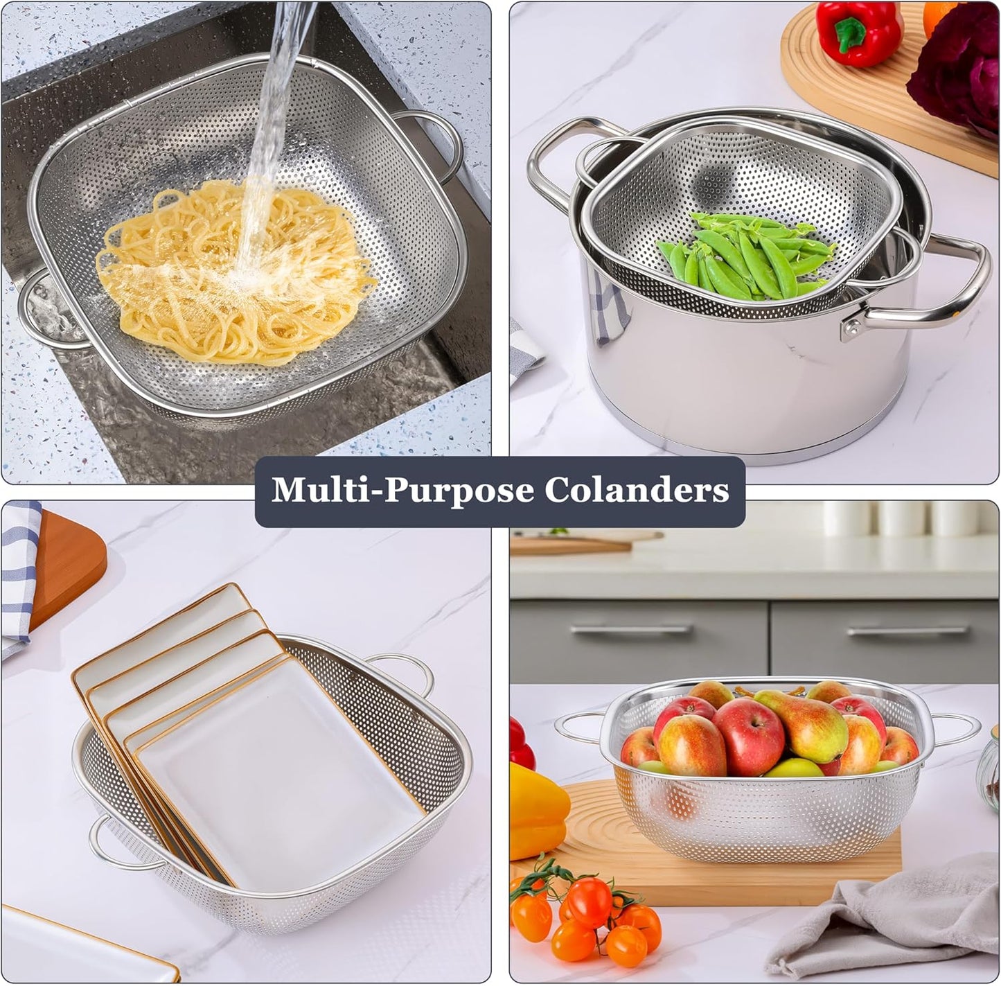 E-far 3 Pack Colander for Kitchen, Square Stainless Steel Metal Strainer Colander with Handle for Draining Food Pasta Vegetable, Micro-Perforated & Elevated Feet, Dishwasher Safe(2.4/4/6QT)