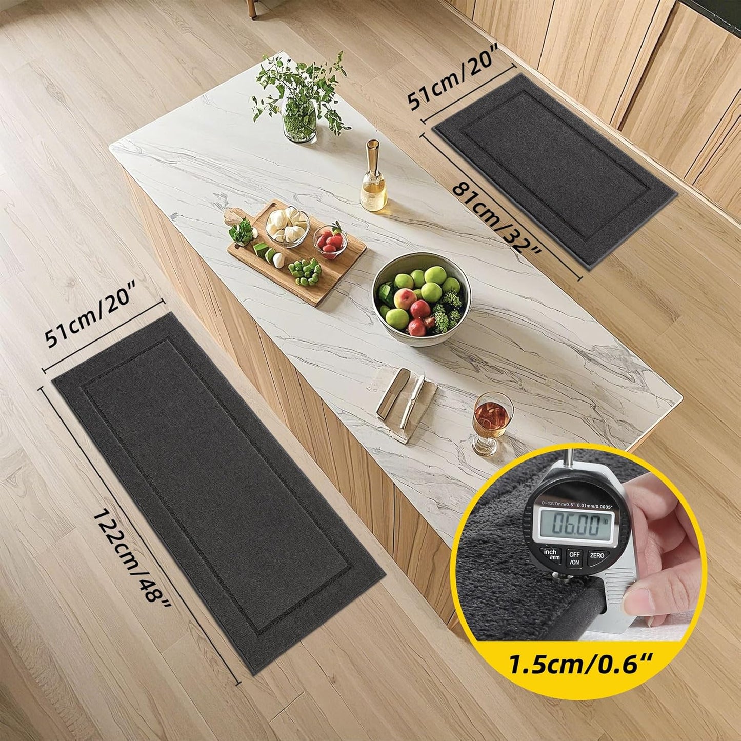 JSEI Non-Slip Kitchen Mats, Self Adhesive No Sliding Kitchen Rugs Set of 2, Washable Absorbent Floor Mat for Kitchen, Bathroom, Laundry Room, Bedroom, 20”x32”+20”x48”, Dark Grey, Rectangular Pattern