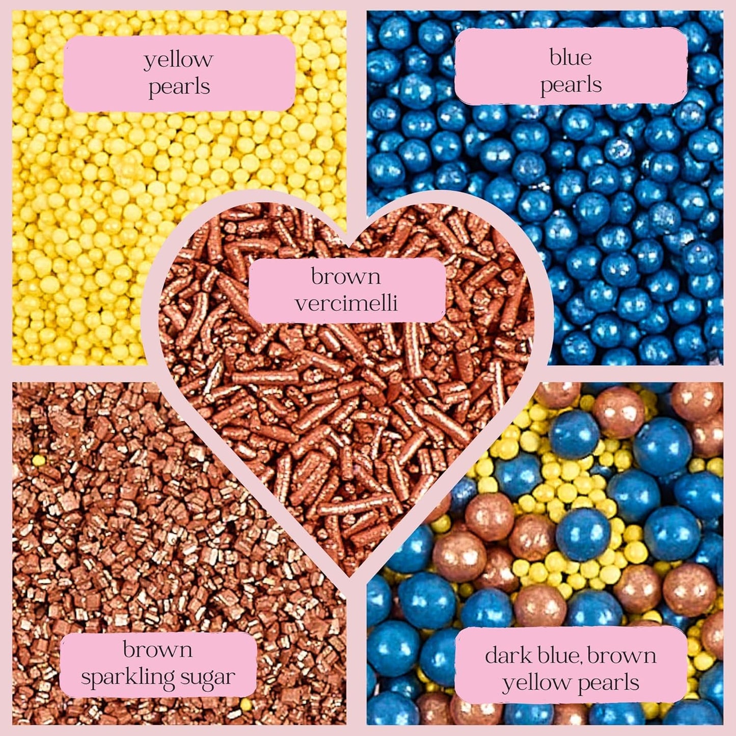 Sprinkles - Confect Sprinkles for Cakes & Cupcakes Decoration Assorted pack of 5 ?Graduation Day Mix Yellow, Copper & Navy Blue Pearl Dragees Copper Jimmies Bronze Sparkling Sugar | Vegan, Gluten-Free, Nut-Free, Soy-Free, Dairy-Free, Palm Oil-Free- 5 Oz