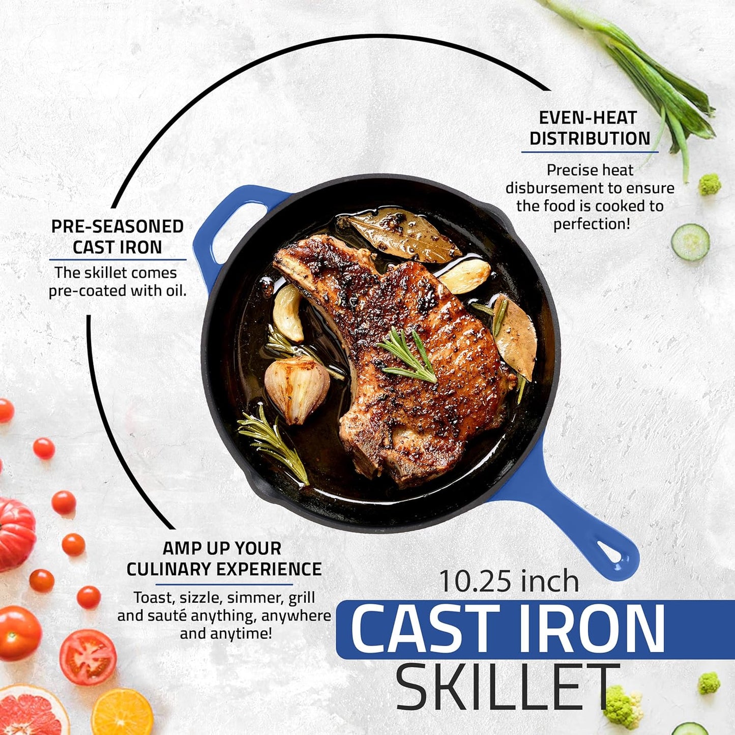 Utopia Kitchen Pre Seasoned Chefs Pan Cast Iron Skillet Frying Safe Grill Cookware for indoor & Outdoor Use (Blue, 10.25 Inch (Pack of 1))