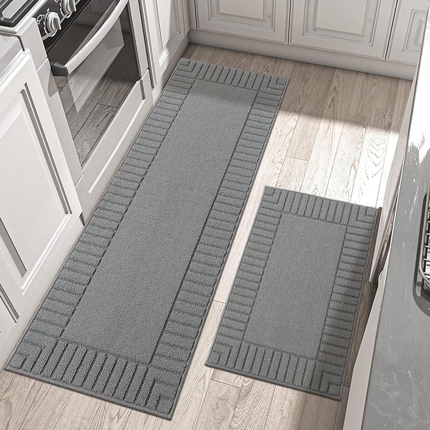 BEQHAUSE-Kitchen-Rugs-Washable-Kitchen-Mats-for-Floor Non-Slip Kitchen Mat Set of 2 Absorbent Kitchen Runner with TPR Non Skid Backing,Grey,24x35inch/24x60inch