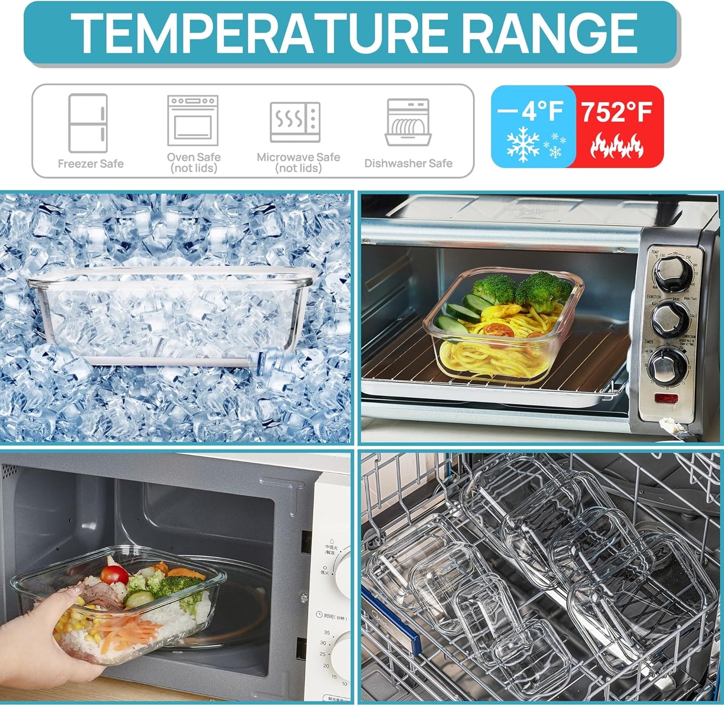 Vtopmart 5 Pack 35oz Glass Food Storage Containers with Lids, Meal Prep Containers, Airtight Reusable Lunch Container Set, Safe for Oven, Microwave, Freezer, and Dishwasher