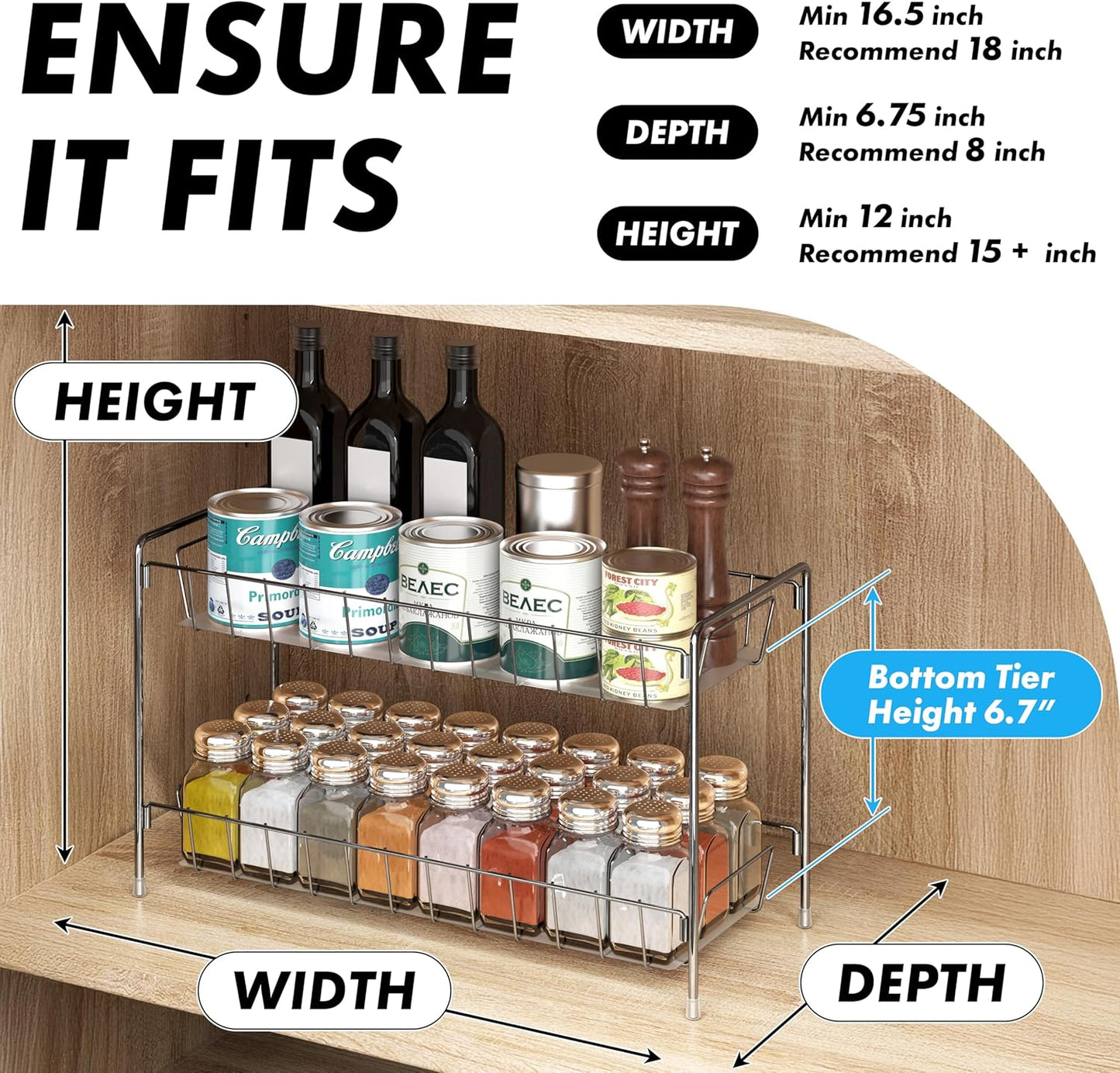 Simple Houseware 2-Tier Spice Rack Kitchen Organizer Countertop Shelf, Chrome