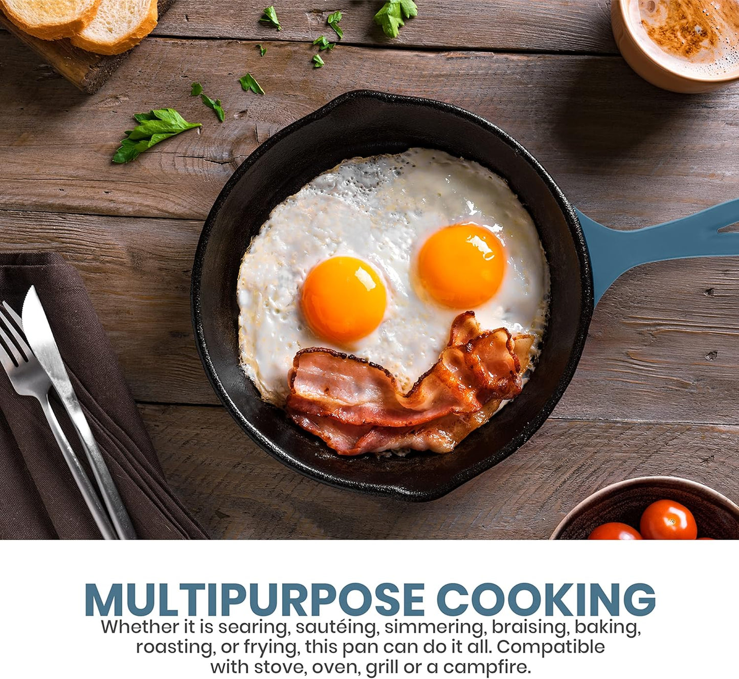 Utopia Kitchen Cast Iron Frying Pan 6.5 Inch, Cast Iron Chefs Pan, Pre Seasoned Skillet, Safe Grill Cookware for Indoor & Outdoor Use, Teal