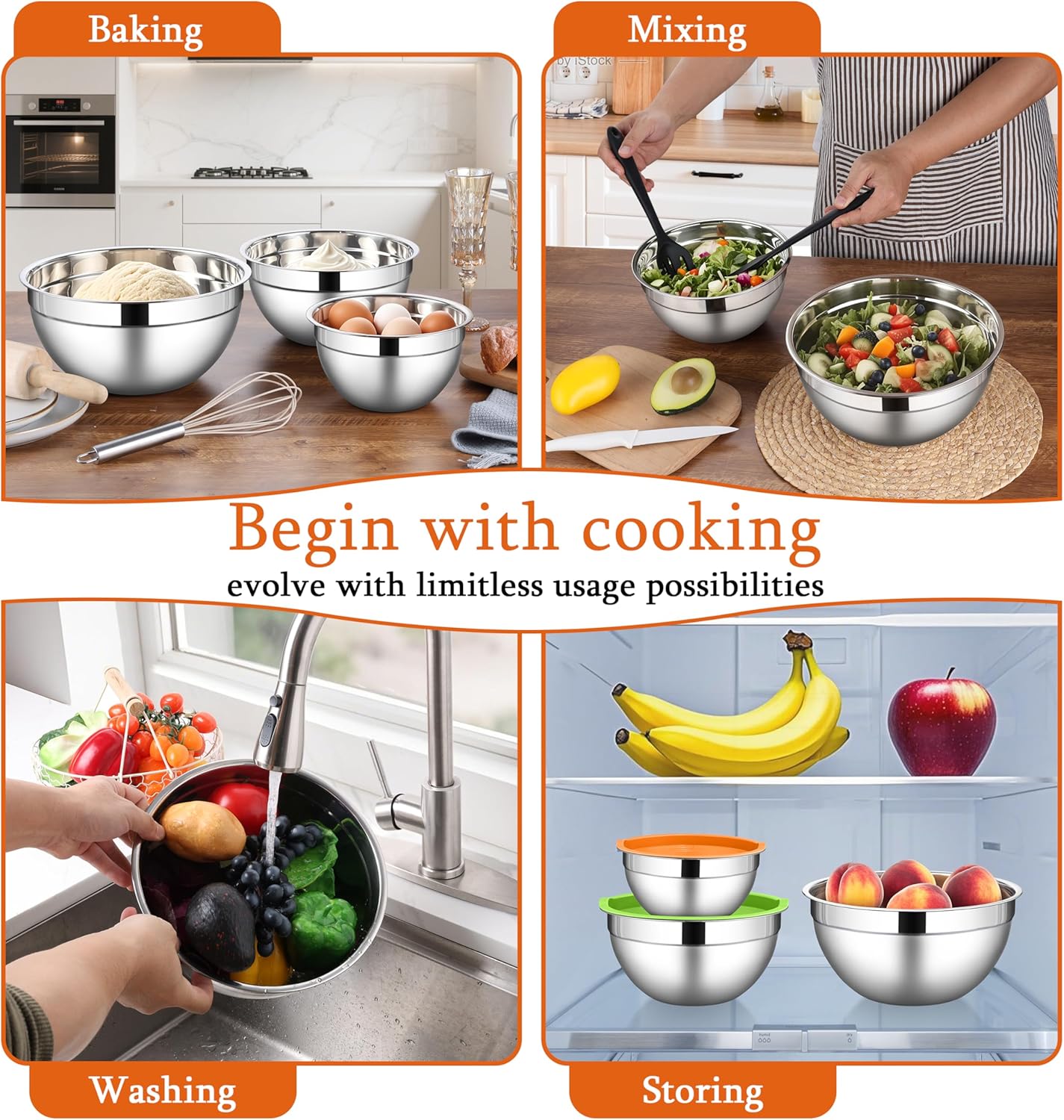 LIANYU Stainless Steel Metal Mixing Bowls, 3 Sizes Large and Small Salad Mixing Bowl Sets, Include Airtight Lids, Ideal for Kitchen Storage, Prepping, Baking, Three-Color