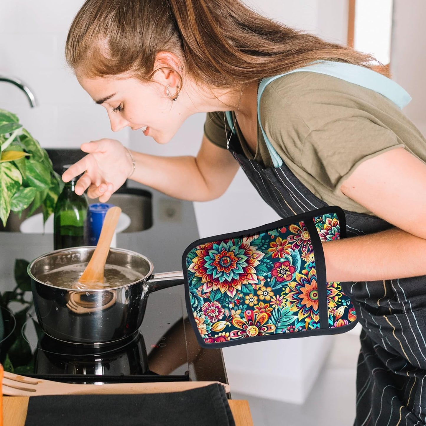 Vibrant Mandala Floral Pot Holders for Kitchen, Boho Abstract Colorful Ethnic Flower Botanical Heat Resistant Hot Pads and Oven Mitts for Baking Cooking