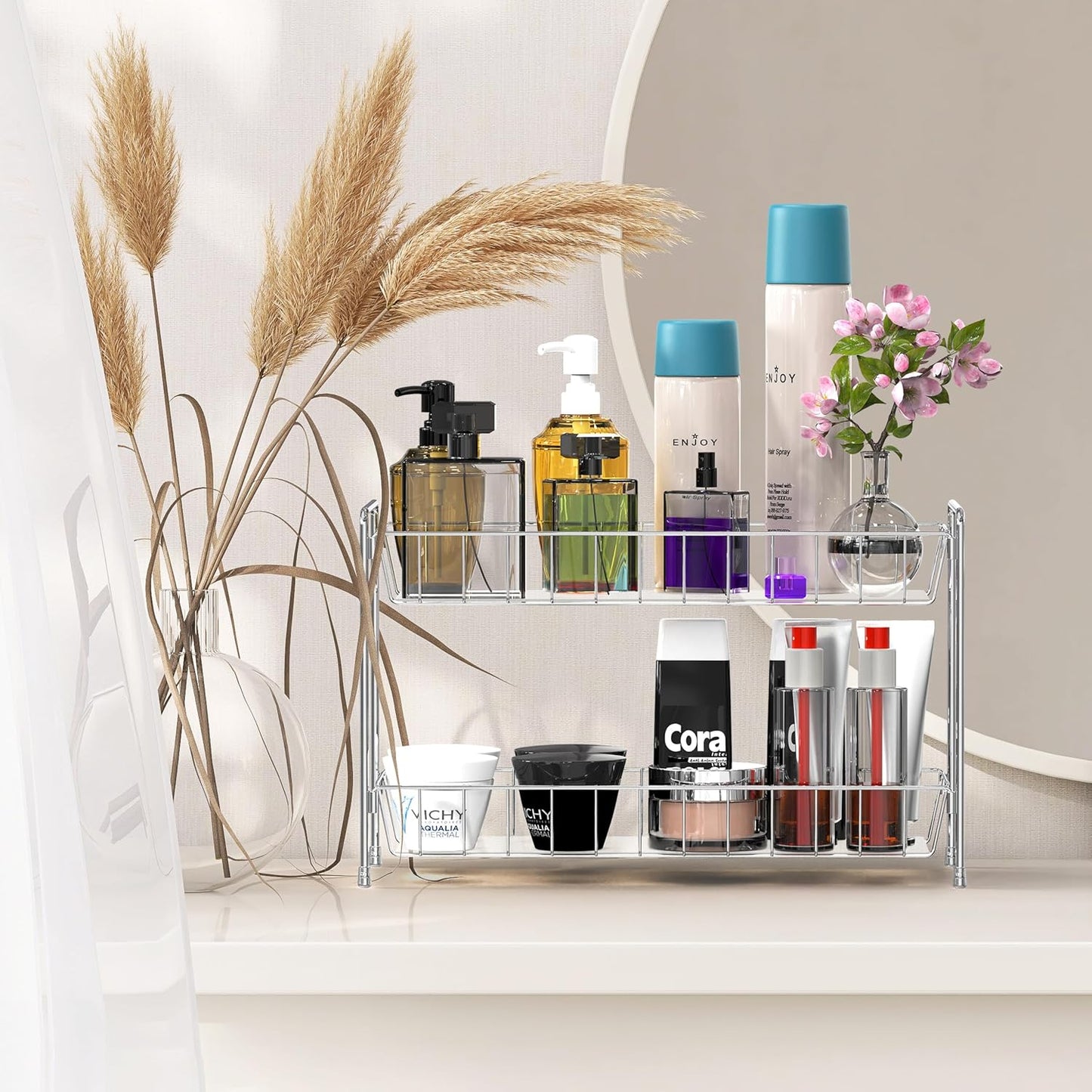 Simple Houseware 2-Tier Spice Rack Kitchen Organizer Countertop Shelf, Chrome