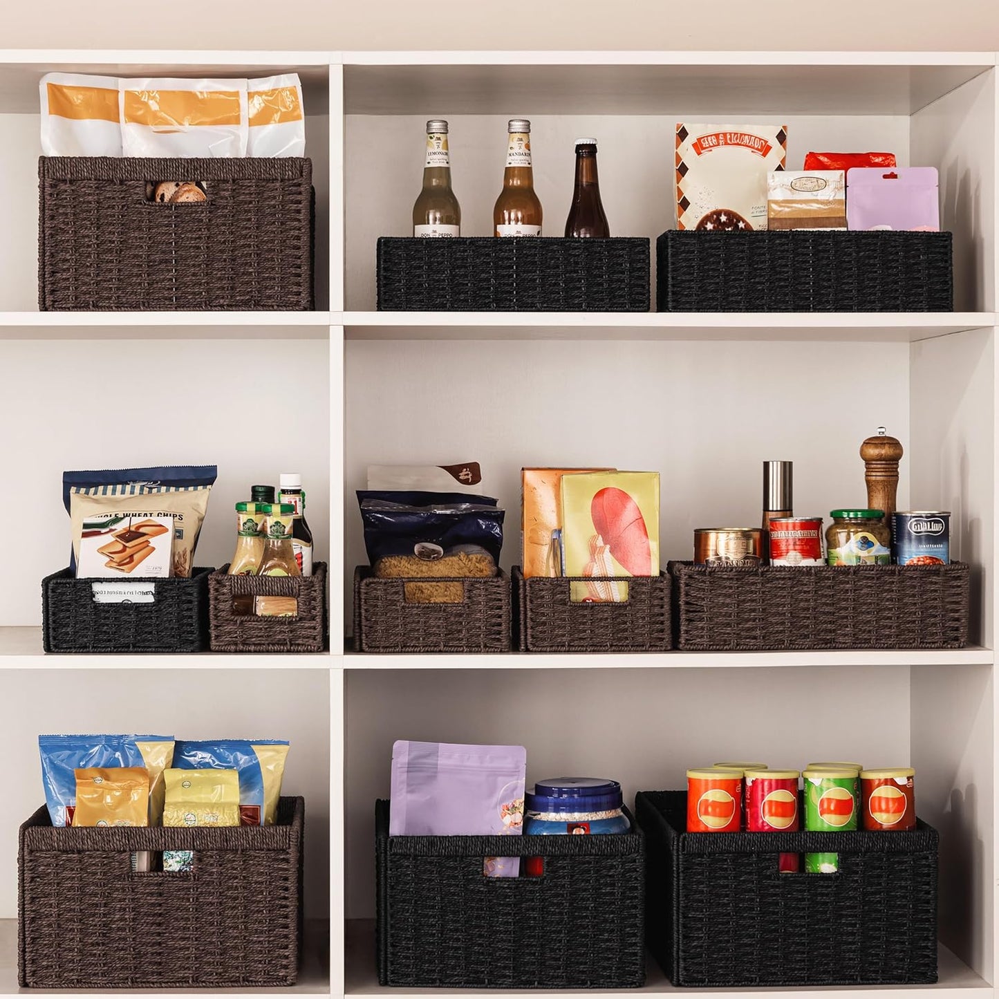 UBBCARE 2 Pack Wicker Basket, 16.5L×13H×7.5W inch Woven Paper Rope Storage Baskets for shelves, Foldable Rectangular Storage Baskets with Handle, Storage Basket for Organizing, Dark Brown