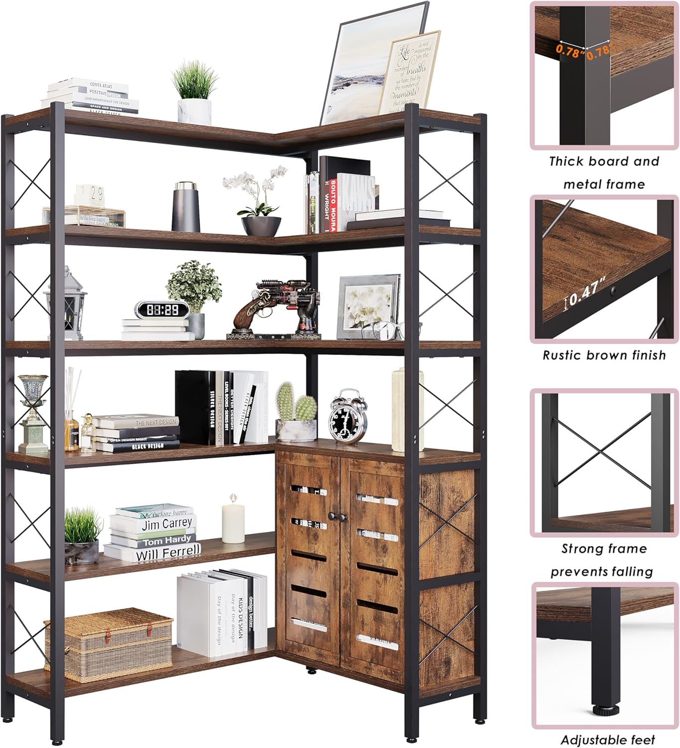 6-Shelf Corner Bookshelf, Vintage Industrial Corner Shelf Etagere Bookcase, Large Book Shelf with Metal Frame Open Storage Corner Cabinet (Brown-Lockers)