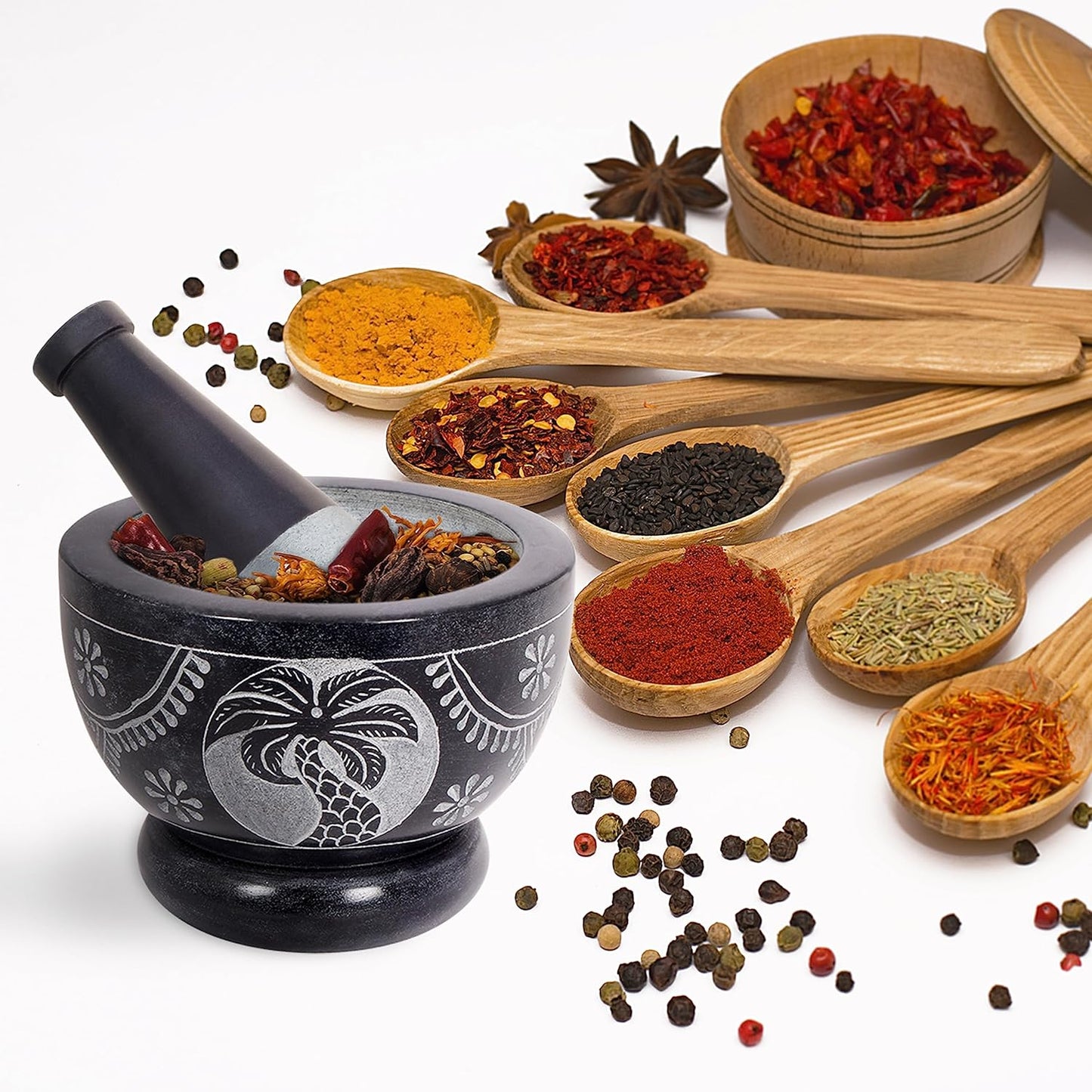 Mortar and Pestle, Made of Heavy Duty Polished Hard Stone, Natural Stone Grinder for Spices, Pastes, Herbs, Seasoning etc. (Palm Tree)