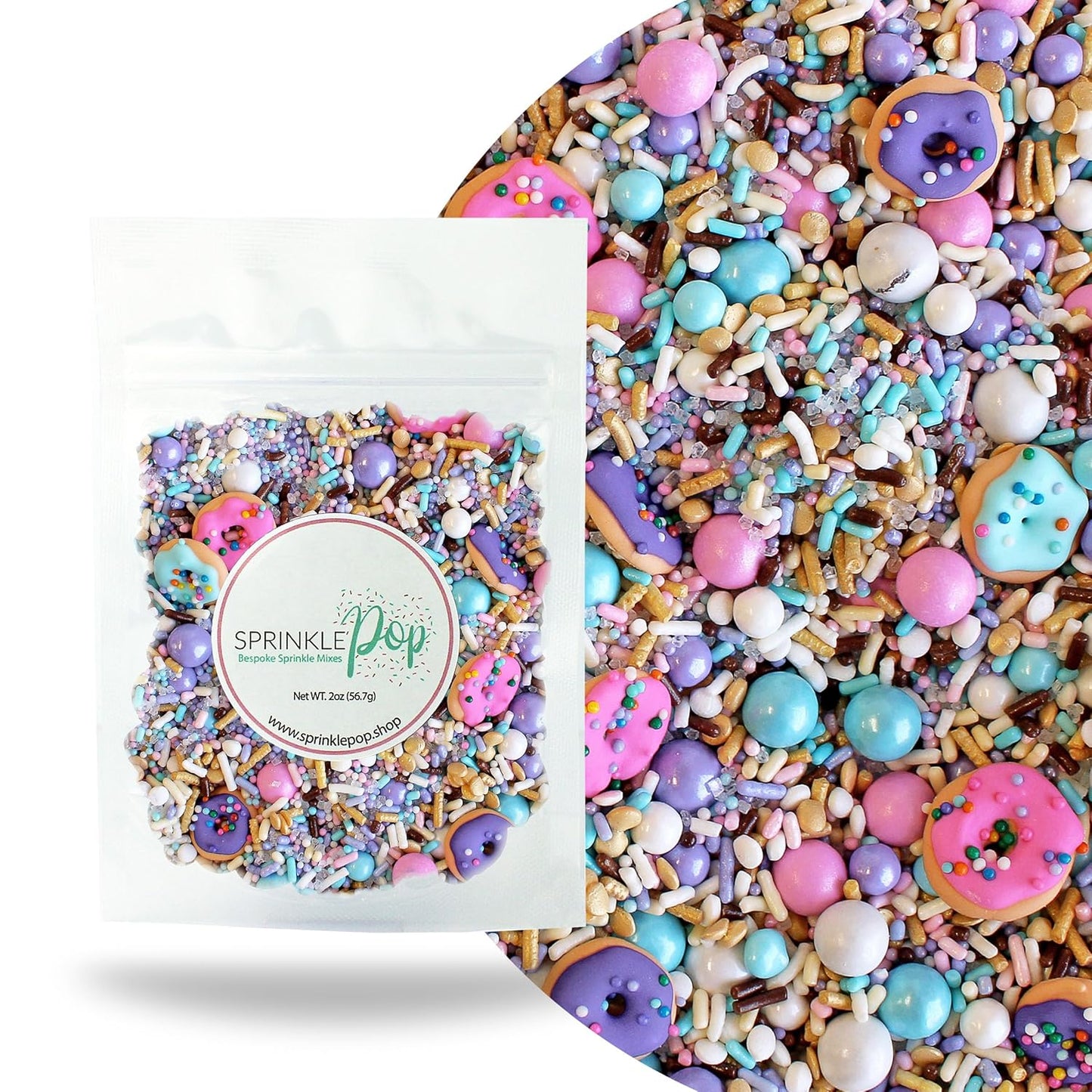 Sprinkle Pop Donut Sprinkle Mix| Lavender White Gold Pink Blue Sprinkle Mix with ~6 Sprinkled Donuts Royal Icings| Birthday Decorating Sprinkles Made in USA for Cupcakes Cakes Cookies Donuts, 2oz