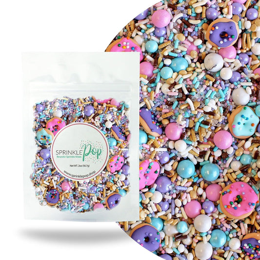 Sprinkle Pop Donut Sprinkle Mix| Lavender White Gold Pink Blue Sprinkle Mix with ~6 Sprinkled Donuts Royal Icings| Birthday Decorating Sprinkles Made in USA for Cupcakes Cakes Cookies Donuts, 2oz