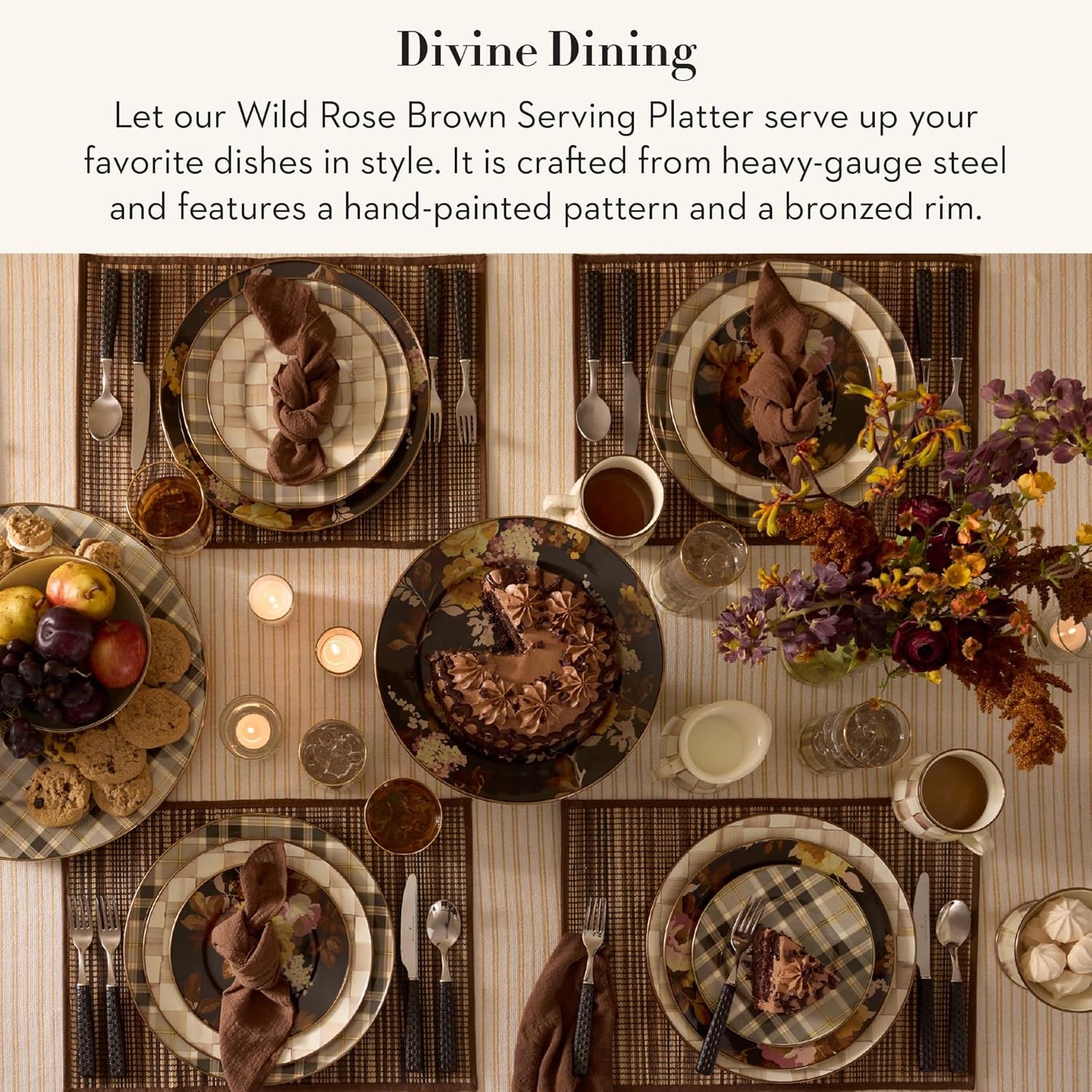 MACKENZIE-CHILDS Enamel Serving Platter, Decorative Serving Platter for Food, 16 Inches, Wild Rose Brown