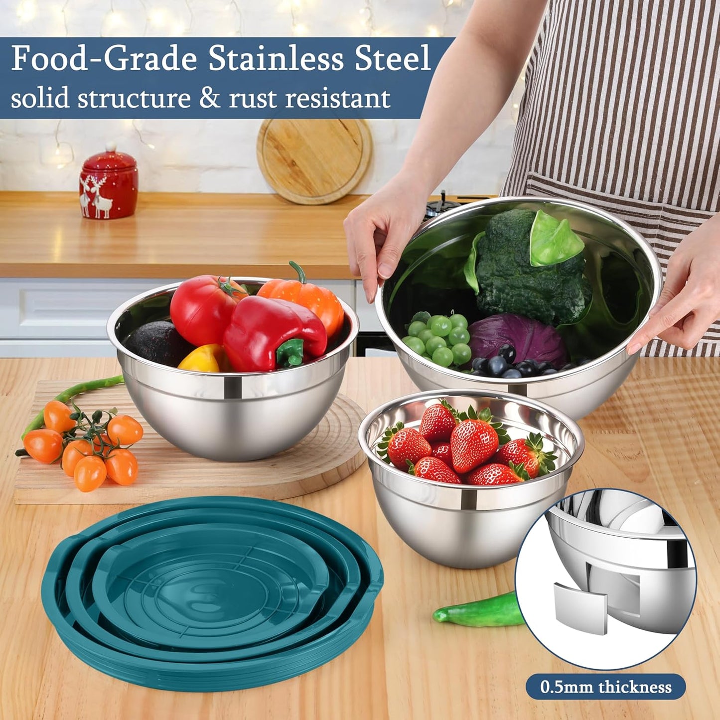 LIANYU Mixing Bowls Set with Airtight Lids, Stainless Steel Large Metal Kitchen Bowls Set of 3, Dishwasher & Freezer Safe, 1.5QT & 3QT & 4.6QT, Blue