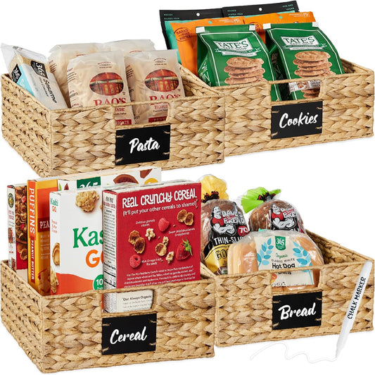 Best Choice Products Set of 4 13x12in Water Hyacinth Pantry Baskets, Woven Organizers w/Chalkboard Label, Chalk Marker - Natural