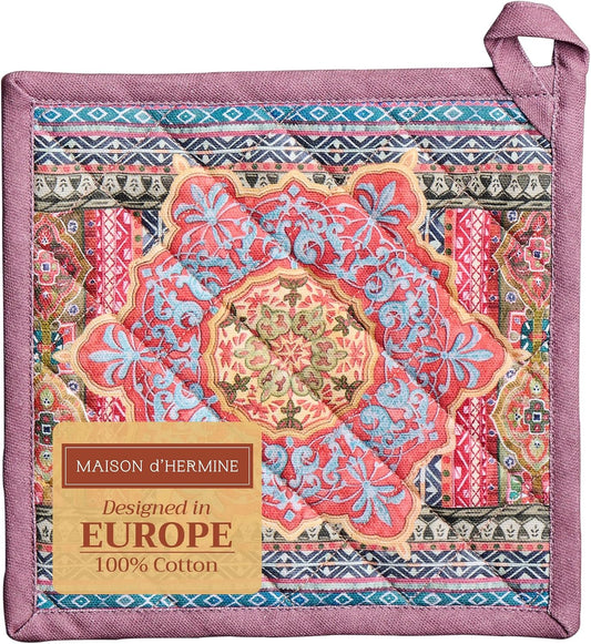 Maison d' Hermine Pot Holders 100% Cotton Heat Resistant Potholders 8" x 8" Hot Pads with Loop BBQ, Cooking, Baking, Grilling, Kitchen, Handling Hot Pans (Pack of 1, Ispahan)