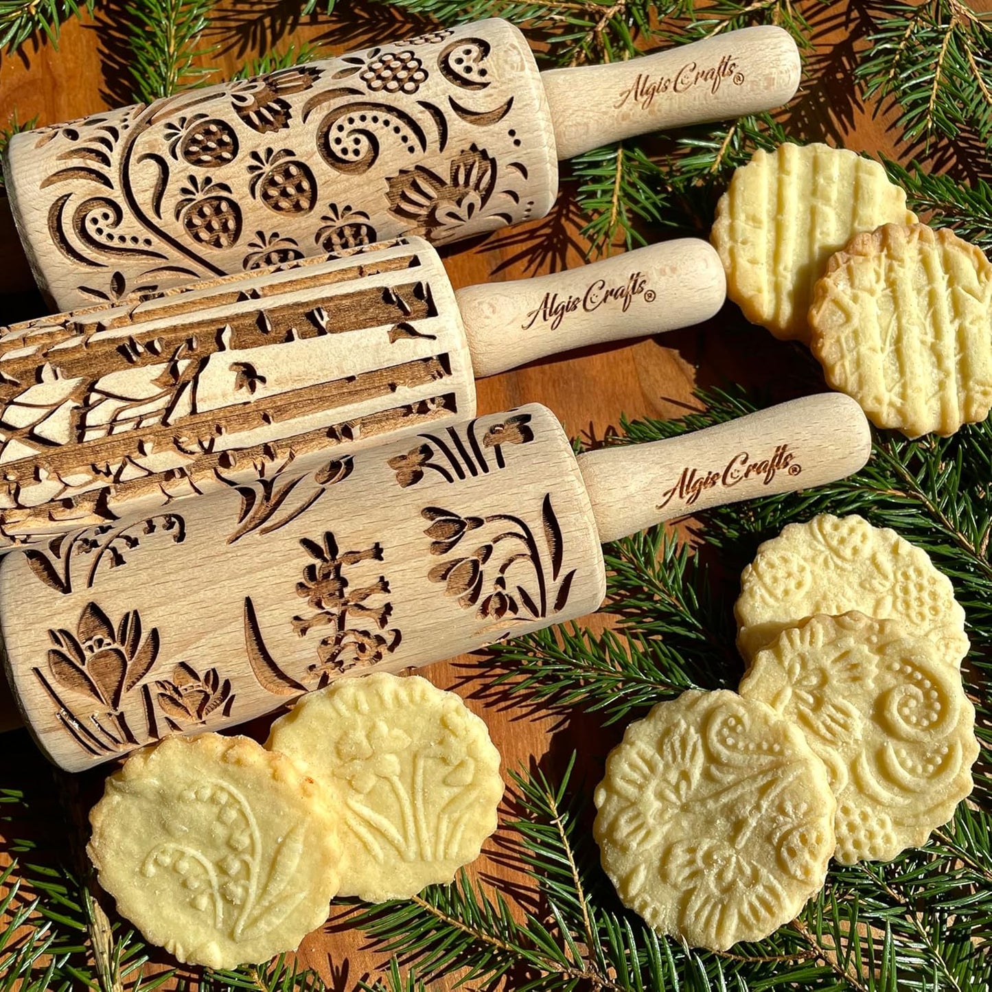 SEASONS 3 Mini Embossed Rolling Pin Set. Wooden Laser Cut Mini Rolling Pins for cookies or clay with spring flowers, tulips, daffodils, strawberries, raspberries, birch, trees by Algis Crafts