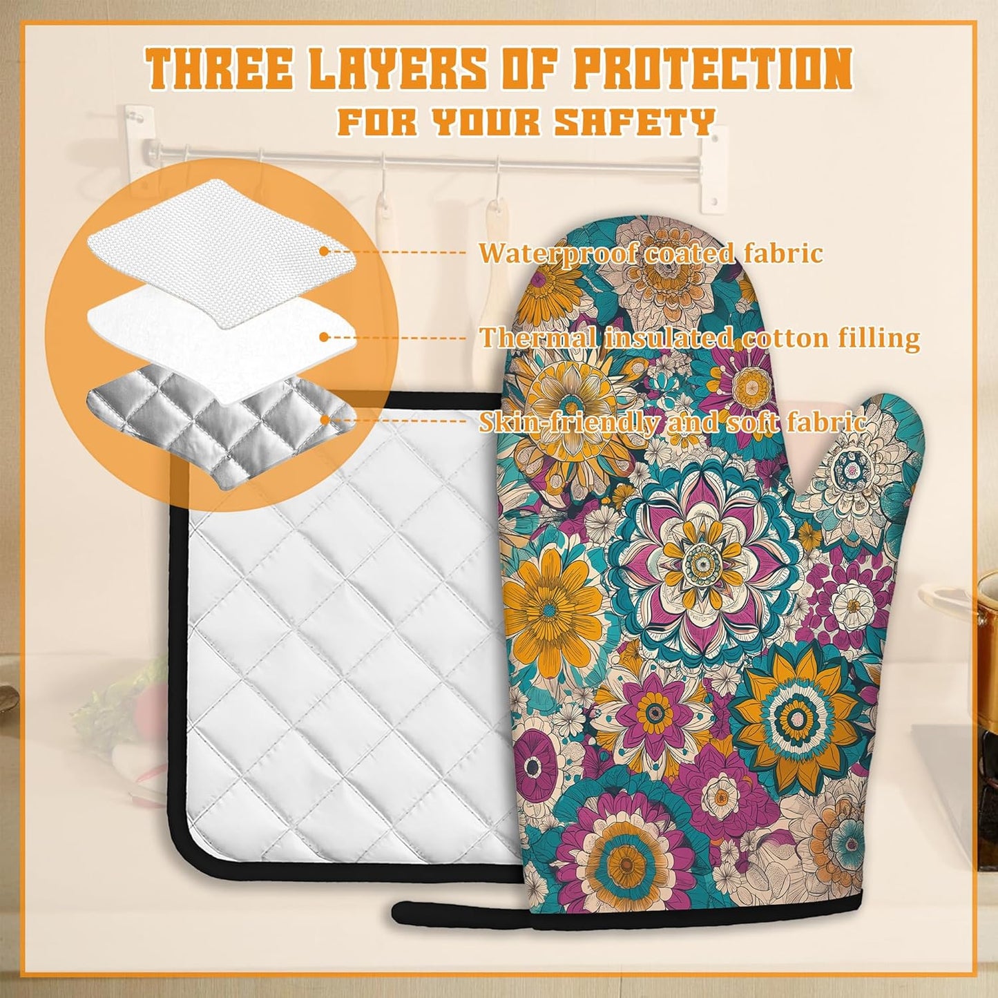 Vintage Mandala Oven Mitts and Pot Holders,Floral Flower Heat Resistant Oven Mitts Gloves and Pot Holder for Home Kitchen Decorations Cooking Baking BBQ Gifts,Set of 4