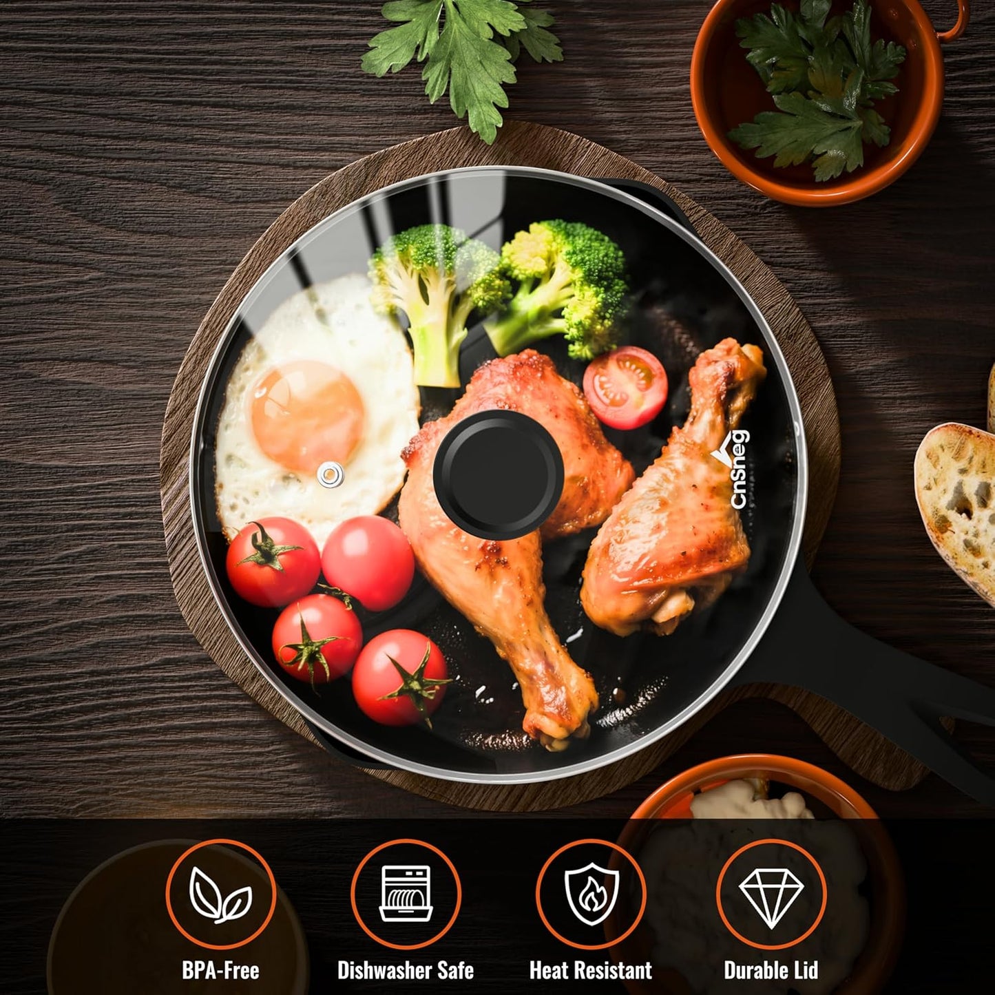 12 Inch Pan Lid For Pots Pans and Skillets, Cast Iron Skillet Lid, Large Tempered Glass Pan Lids, Replacement Pan Cover for Frying, Crock Pot Lid with Stainless Steel Rim, Cookware Pot Covers